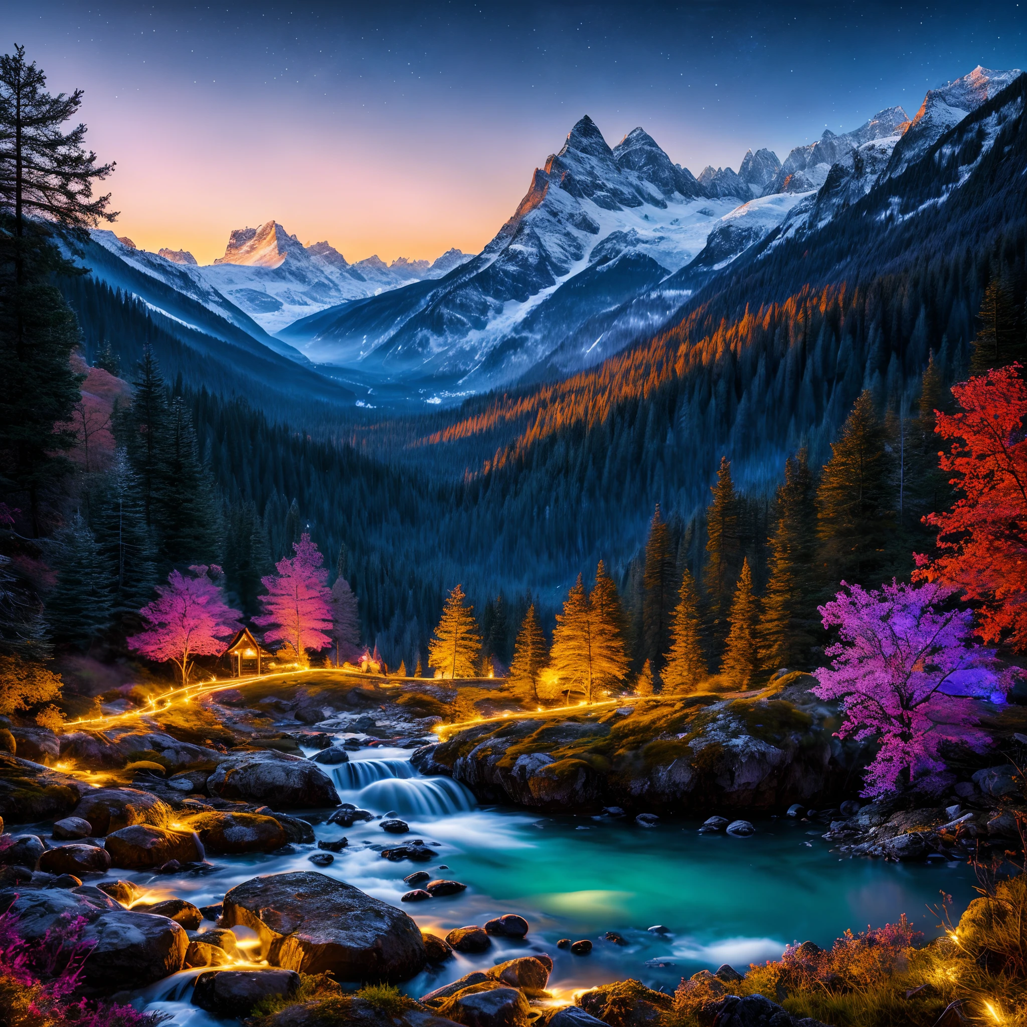 best quality, masterpiece, beautiful wild and natural fantasy landscape with glowing lights