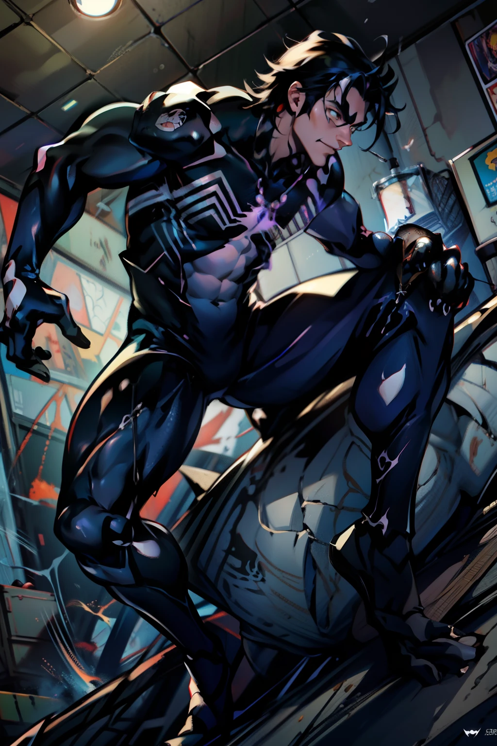 《the original god》Arataki Kazuto , male people, chest muscle, Sexy , Venom symbiote for your body, Black mucus of the body , into venom, venomize,Black bodysuit,(Cloak),Red cape,Abs,(Adult male)((Venom possession,venom symbiote)),over-Tortoise Man,Battle damage,((Masterpiece)), ((Best quality)), Ultra detailed,((illustration)), Dynamic Angle, Detailed light, (Delicate eyes), Floating, 1boy, Male focus, Head, Clothing, Yellow eyes, necklace, tattoo, (Forehead:0.8), (ahoge:0.8), jewelry, brunette color hair,apathy,Ray, chest muscle, Sexy , Venom symbiote for your body, Black mucus of the body , (into venom), Venom,frontage,Bust photo,White tight-fitting top,spiderman outfit,style of anime4 K, 4K anime wallpaper, Badass anime 8 K, 4 k comic wallpaper, young anime man, Anime boys, Anime wallpapers 4 k, Anime wallpaper 4K, High quality anime art style, Anime moe art style, Anime art wallpaper 8 K, Anime art wallpaper 4 K, RGB lighting,