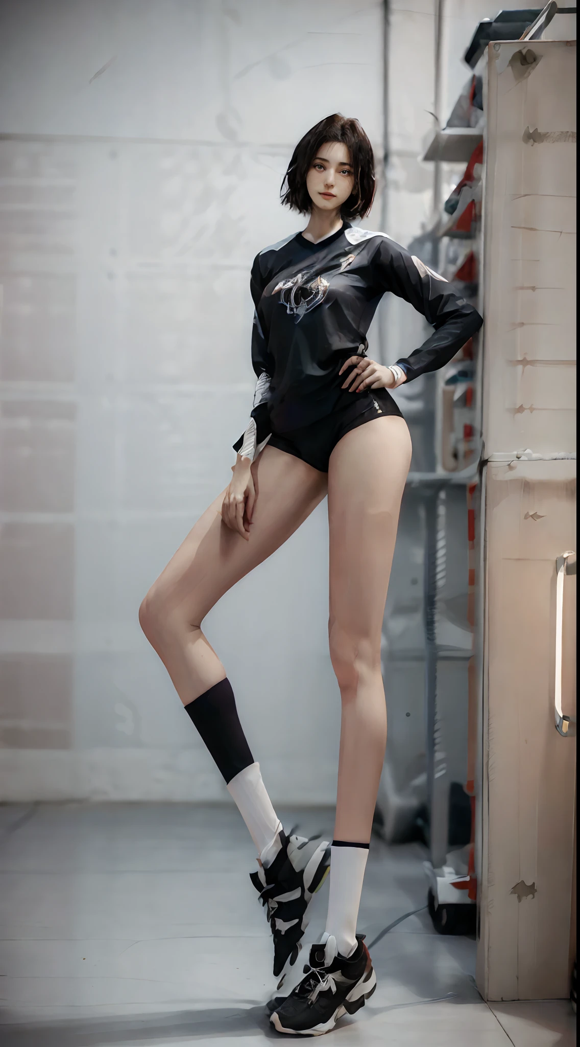 （Cute tall girl：2），solo person，（full bodyesbian：3），（Stay away from the lens：3），Expose your legs，（revealing the whole body：2），（Frontal heads-up view：1.2），（looking at viewert），16 yaers old，（Tall：3），（Tall guy：2），Super tall，（Height 300 cm：2），Excellent body proportions，（huge tit），（Slender straight legs：2.5），Slender feet，small heads，musculous，（Lovely and pretty：2），（The face of an anime man），（Very detailed beautiful face and eyes：2），（Big bright eyes：1.2），Sharp eyeliner，（Clear and beautiful face），exhilarated，（Happy smile：2），short detailed hair，（Correct facial features），（tilts your head：1.5），（Football uniforms：2)，Football socks，Detailed muscle texture，Highlights muscle structure，In elementary school classrooms，（standing straight：4），（full length shoot），ultra-realistic realism, (Photorealistic detail), Incredible accuracy, lifelike textures, masterful technique, Jaw-dropping precision, artistic dedication，（anatomy correct），Good lighting，exquisite detailing，Best quality，stunning masterpiece，CG