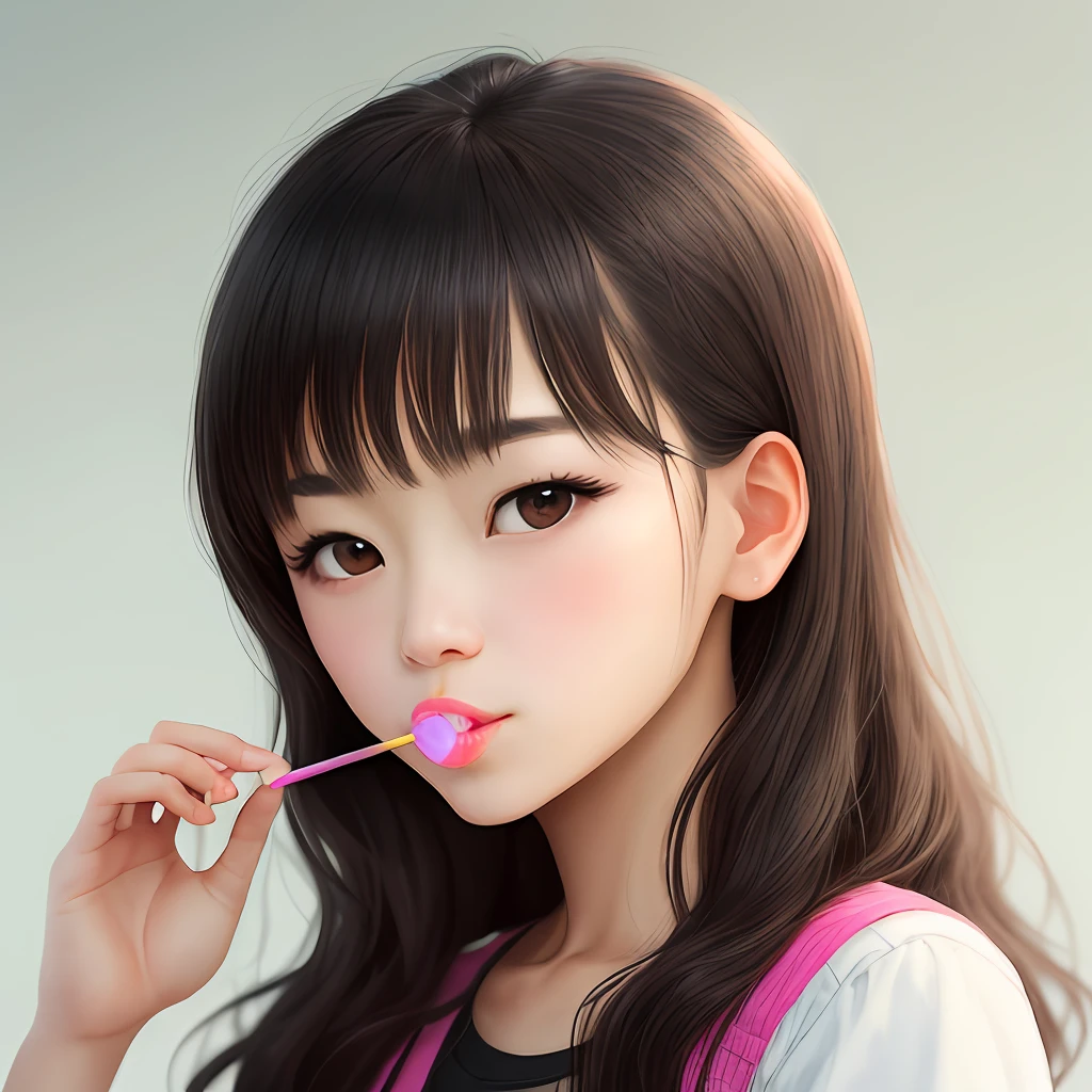 A girl eats a lollipop while coquettish