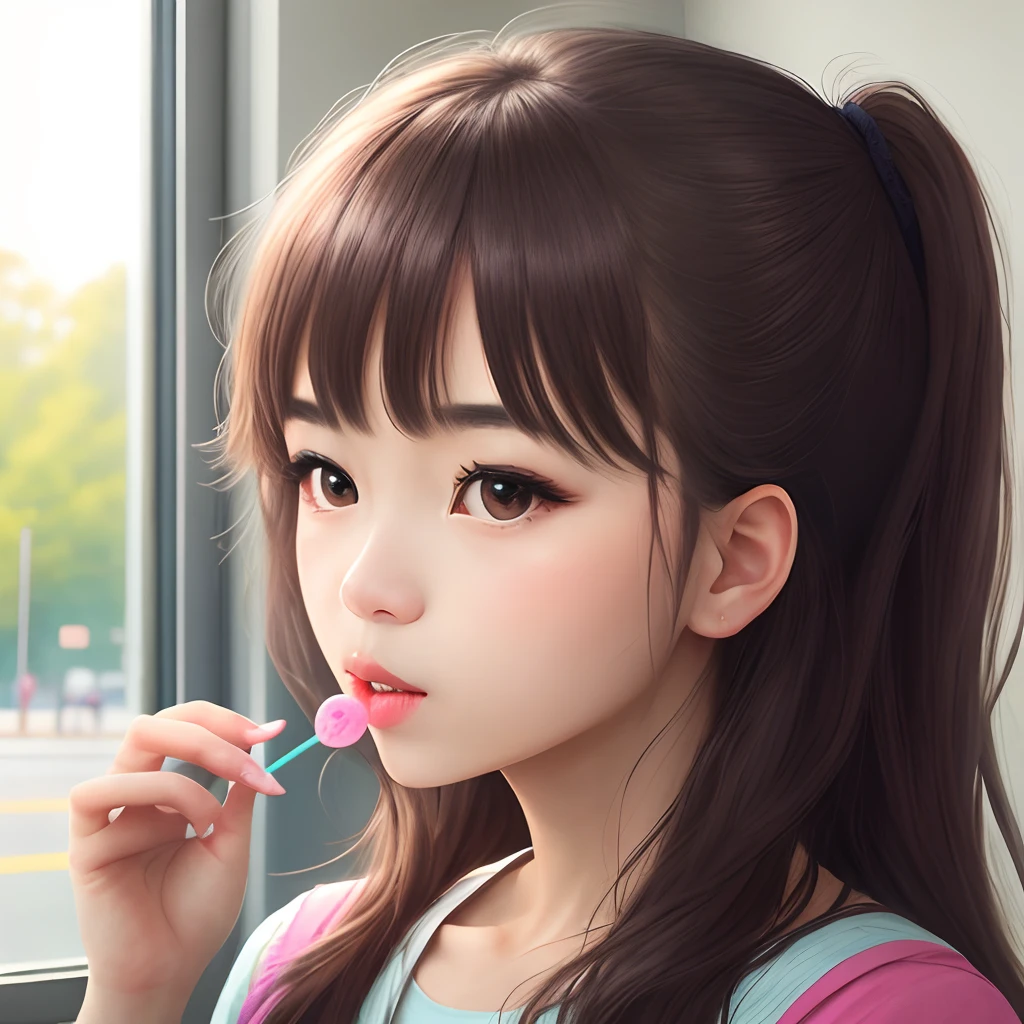 A girl eats a lollipop while coquettish
