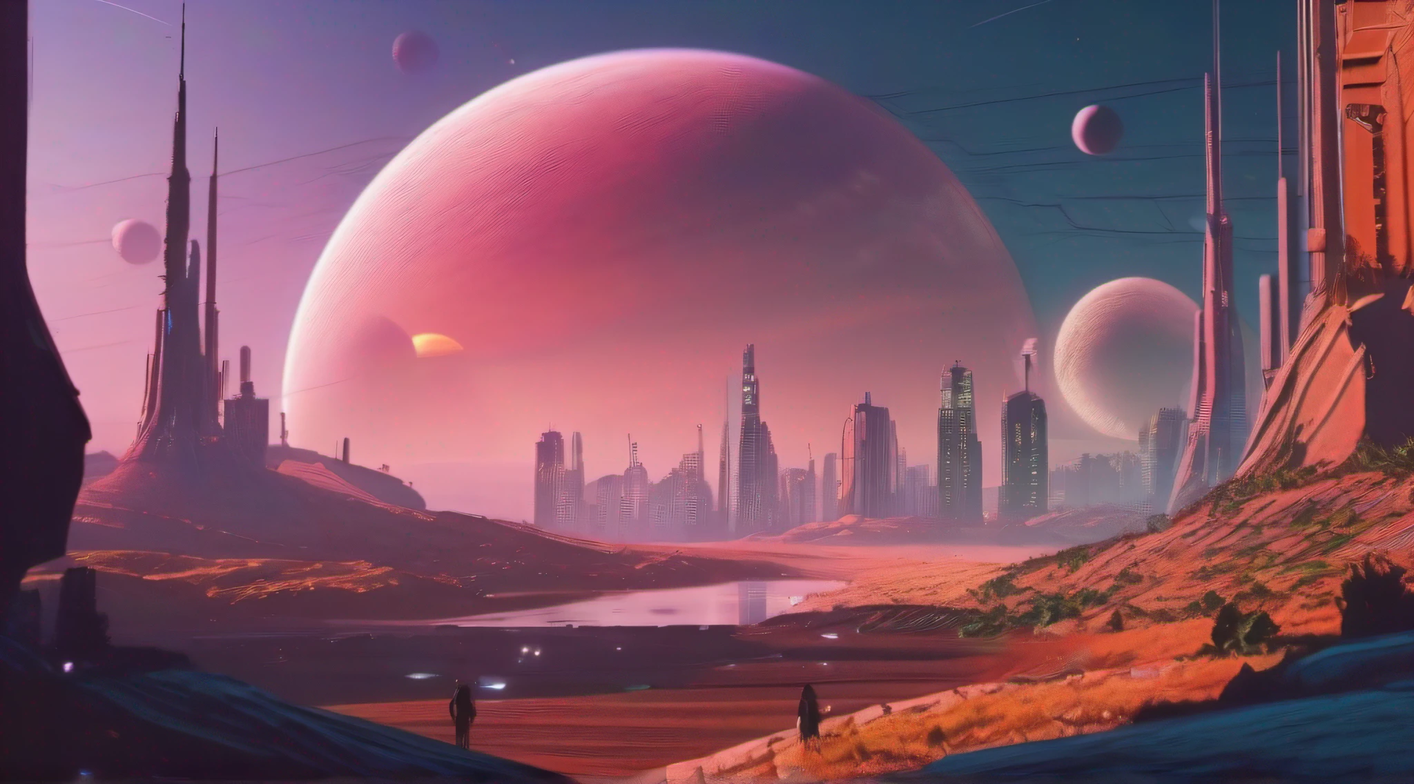 cyberpunk city on an alien planet, with multiple moons, with spaceships passing by