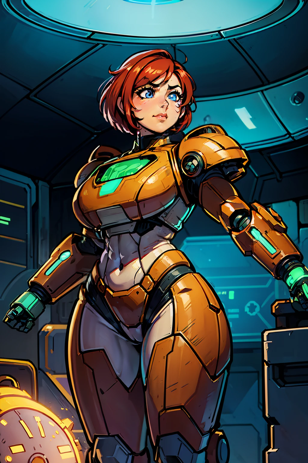 heroic woman, sexy, professional artwork, detailed eyes, beautiful eyes, beautiful face, flawless face, gorgeous face, smooth features, large breasts, blush, thick thighs, beautifully detailed background, chubby, thick, curvaceous, voluptuous, thick thighs, wide hips, belly, soft, full figure, big beautiful woman, pudgy, sci-fi, science fiction, future, neon lights, space ship interior, space ship, space, space visible through window, outer space, mechanical background, power armor, power suit, armored, armor, metroid dread, metroid, cyberpunk, cyborg, cyborg woman, cybernetics, cybernetic, robot, robotic arm, robotic leg, smiling, short hair, red hair