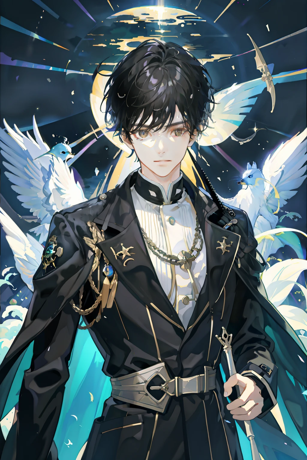 tmasterpiece、Need、1male people、Black haired man with dark brown eyes、Investigator、AS-Adult，Ridiculous resolution，A high resolution，（tmasterpiece：1.4），hyper-detailing，best qualtiy，Ultra-detailed depiction of a man with black hair，Deep brown eyes, Wet streets in the early morning, Black trench coat，Investigator，rainy days，shoun，coloured photo，Surrounded by damp streets，Colorful scenes，dark themes、Magic Array、Buble、rainbow Sunlight、Under the water、Reflected mirror、floating piece of Glass、Rainbow light、Bubble Swirling、Wind swirl、extreme light、Fantastic landscape, Starlight around the character, (The upper part of the body)