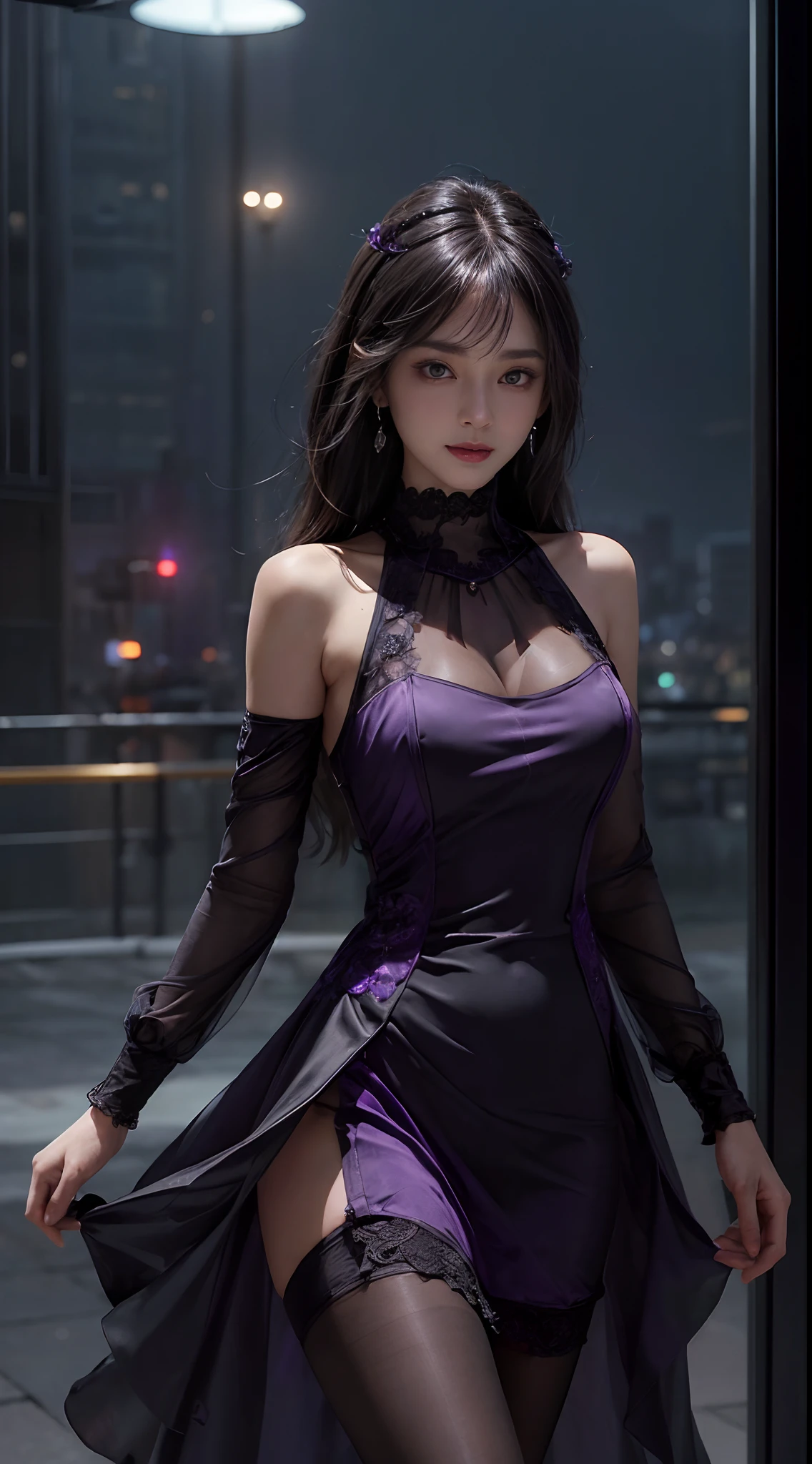 8k, masterpiece, RAW photo, best quality, photorealistic, extremely detailed CG unity 8k wallpaper, Depth of field, Cinematic Light, Lens Flare, Ray tracing, (extremely beautiful face, beautiful lips, beautiful eyes), intricate detail face, ((ultra detailed skin)) 1girl, in the dark, deep shadow, pretty korean girl, kpop idol,(very slim slender fit-muscled body:1.3), ((looking at viewer)),(big smile:1.3), (tight mini dress), (shot sleeve) , (dim lights, (neon sign), (big building), city night, cityscape ), (without people in the background:1.3), pretty korean girl, earrings, bracelets, dia necklace, pantyhose, clear eyes, walking , front shot, (pale skin), face forward, (big eyes), ((upper body shot)), ((silk Laced)), ((black, purple color dress:1.3)), (looking at viewer:1.3), (see through, laced dress), open breasts, Hermes bag