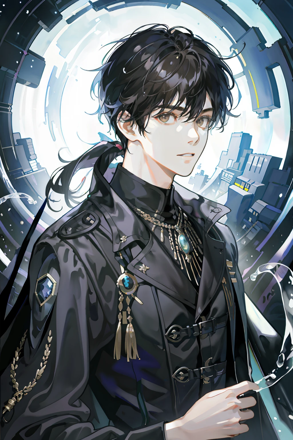 tmasterpiece、Need、1male people、Black haired man with dark brown eyes、Investigator、AS-Adult,Ridiculous resolution,A high resolution,(tmasterpiece:1.4),hyper-detailing,best qualtiy,Ultra-detailed depiction of a man with black hair,Deep brown eyes, Wet streets in the early morning, Black trench coat,Investigator,rainy days,shoun,coloured photo,Surrounded by damp streets,Colorful scenes,dark themes、Magic Array、Buble、rainbow Sunlight、Under the water、Reflected mirror、floating piece of Glass、Rainbow light、Bubble Swirling、Wind swirl、extreme light、Fantastic landscape, Starlight around the character, (The upper part of the body)