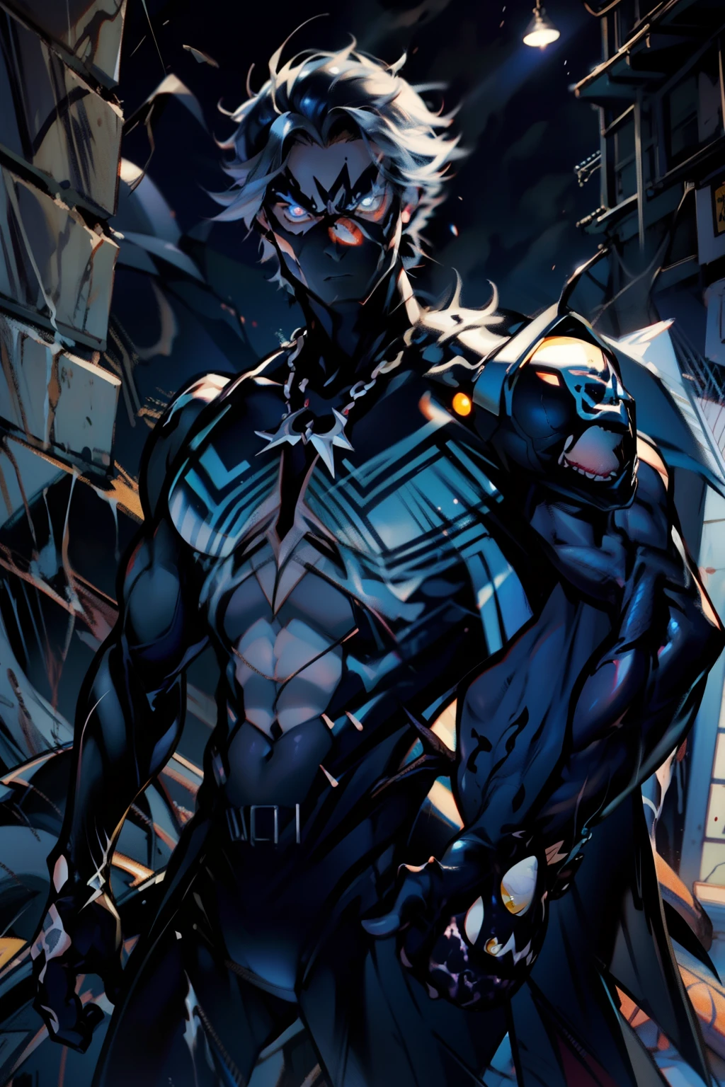《the original god》Arataki Kazuto , male people, chest muscle, Sexy , Venom symbiote for your body, Black mucus of the body , into venom, venomize,Black bodysuit,(Cloak),Red cape,Abs,(Adult male)((Venom possession,venom symbiote)),over-Tortoise Man,Battle damage,((Masterpiece)), ((Best quality)), Ultra detailed,((illustration)), Dynamic Angle, Detailed light, (Delicate eyes), Floating, 1boy, Male focus, Head, Clothing, Yellow eyes, necklace, tattoo, (Forehead:0.8), (ahoge:0.8), jewelry, brunette color hair,apathy,Ray, chest muscle, Sexy , Venom symbiote for your body, Black mucus of the body , (into venom), Venom,frontage,Bust photo,White tight-fitting top,spiderman outfit,style of anime4 K, 4K anime wallpaper, Badass anime 8 K, 4 k comic wallpaper, young anime man, Anime boys, Anime wallpapers 4 k, Anime wallpaper 4K, High quality anime art style, Anime moe art style, Anime art wallpaper 8 K, Anime art wallpaper 4 K, RGB lighting,