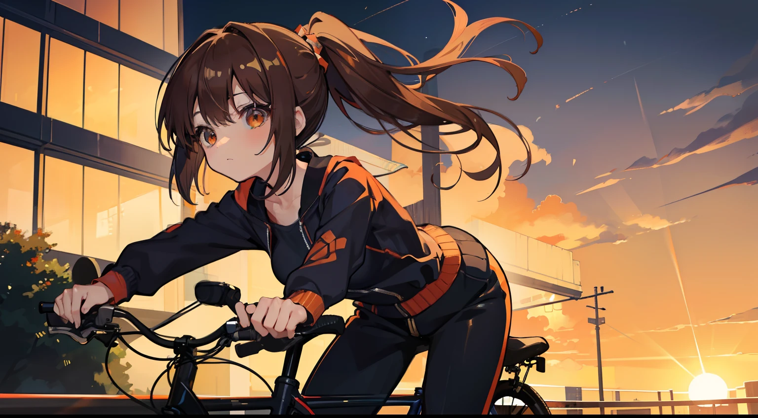 masutepiece, Fine detail, 4K, 8K, 12K, Solo, Solo, Beautiful Girl, caucasian female,rides a bike、Mamachari、Common Bicycles、 Ponytail, Brown hair, Jersey, long-sleeve、long trousers、Daylight, Sunlight, orange