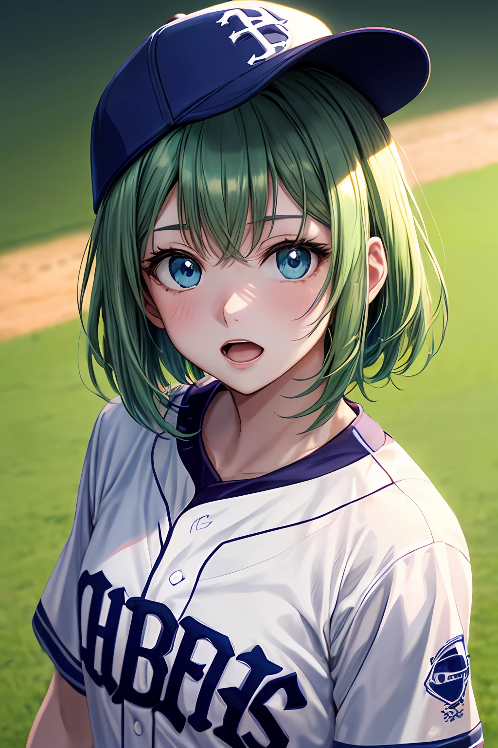 (anime, tone mapped:1.2), 1 girl, marching, blue eyes, deep blue baseball cap, solid gray baseball uniform, green hair, open mouth, blush, green background, looking at viewer, shirt, short hair, baseball ground, upper body, (symmetric), (exceptional, best aesthetic, new, newest, extremely detailed:1.2), best quality, masterpiece, from above