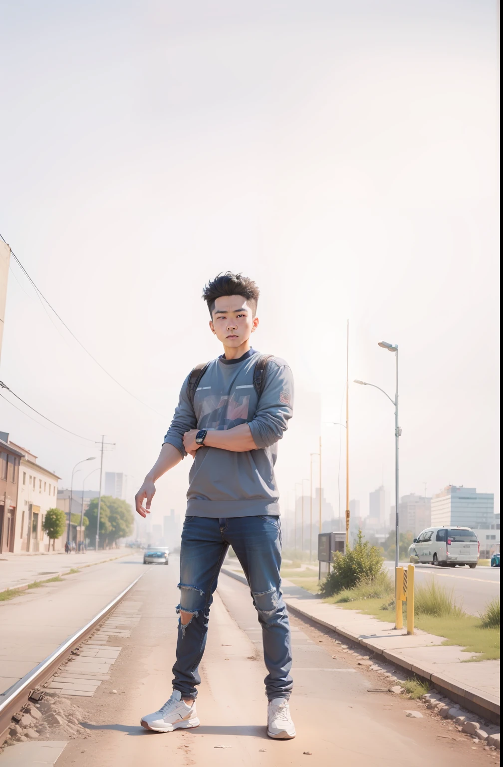 Edit this image original face, 8k ultra hd ,and remove the background, add city background hd