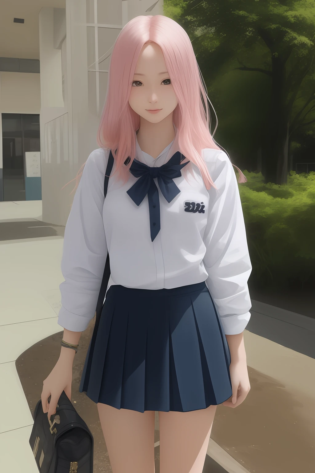 Long pale pink hair，schoolgirls，Age 17 years，adolable，Lesser type，Wear a strappy skirt，largeeyes，二重まぶた