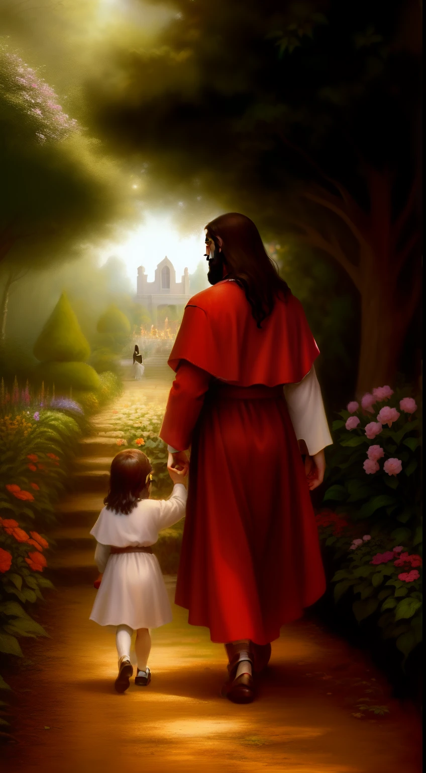 (( Jesus walking with a child in a garden)), bela imagem, beautiful depiction, biblical image, Christian art, segurando vara, O Senhor e Salvador, Jesus Cristo, with a kid, Thomas Kinkade, he is greeting you warmly, Jovem Deus Todo-Poderoso, A cena mais bonita