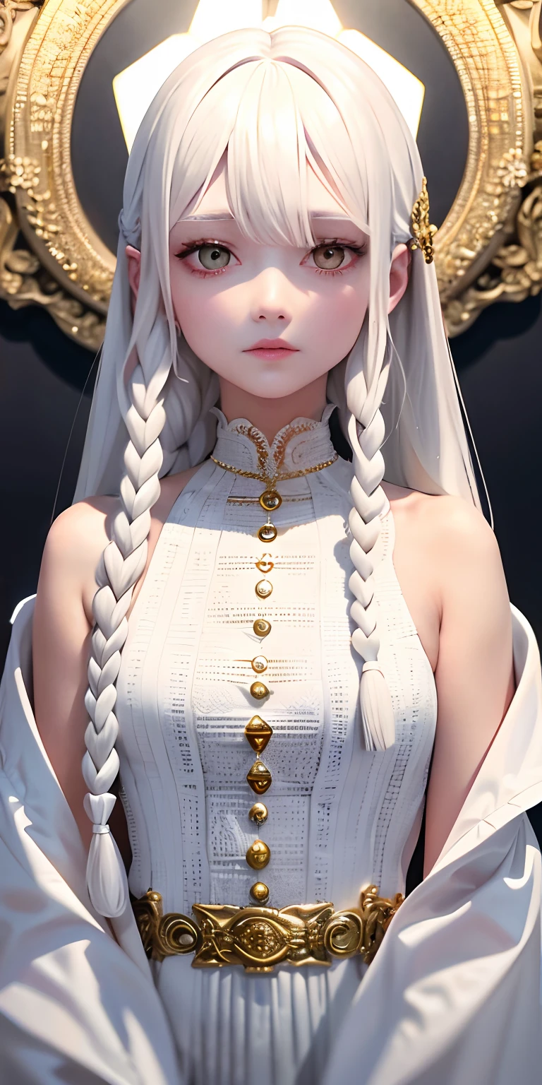 best quality, masterpiece,white hair, gold eyes,white clothes, looking up, upper body,hair strand,Fair skin,side braids