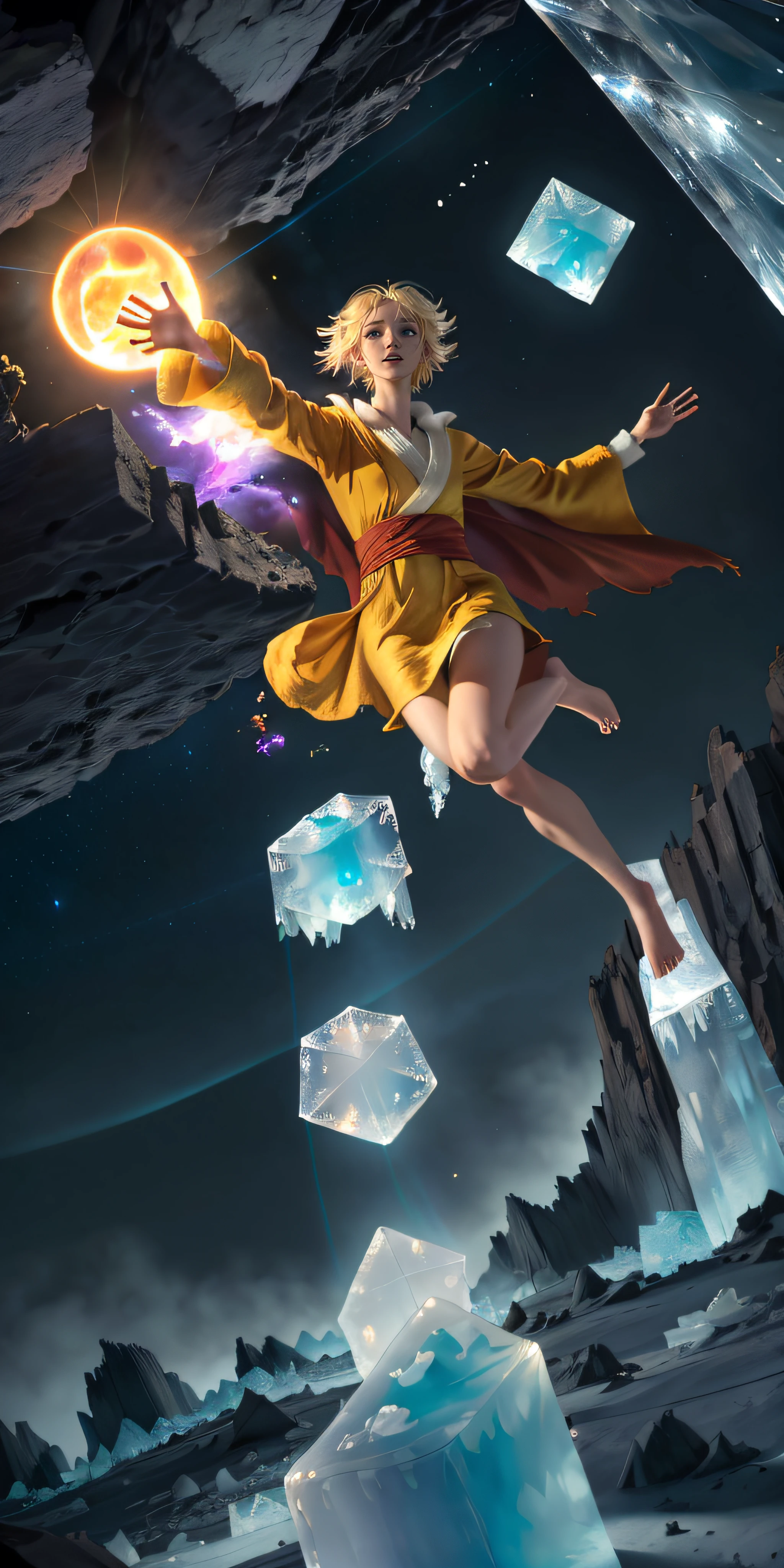 female (best quality face)barefoot summoner levitating with blonde hair robes and cape arms lifted up over a broken earth bright lava light from below asteroid field (jagged icecubes boulders and debris shooting into the air:1.3) (windy dust debris storm:1.1) volumetric fog mist ray tracing z pass bright light from below, (masterpiece) (best quality) (detailed) (64k) (cinematic lighting) (sharp focus) (intricate)
