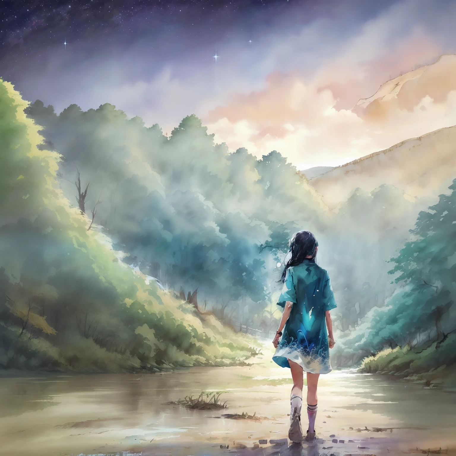 Kizi,Back shadow,Starry sky,Cartoon avatar,long whitr hair,shift dresses,Deep background,In the distance, There is a shimmer at sunrise,There are trees nearby and in the distance ,The stars are rising,Maple Frost Falls