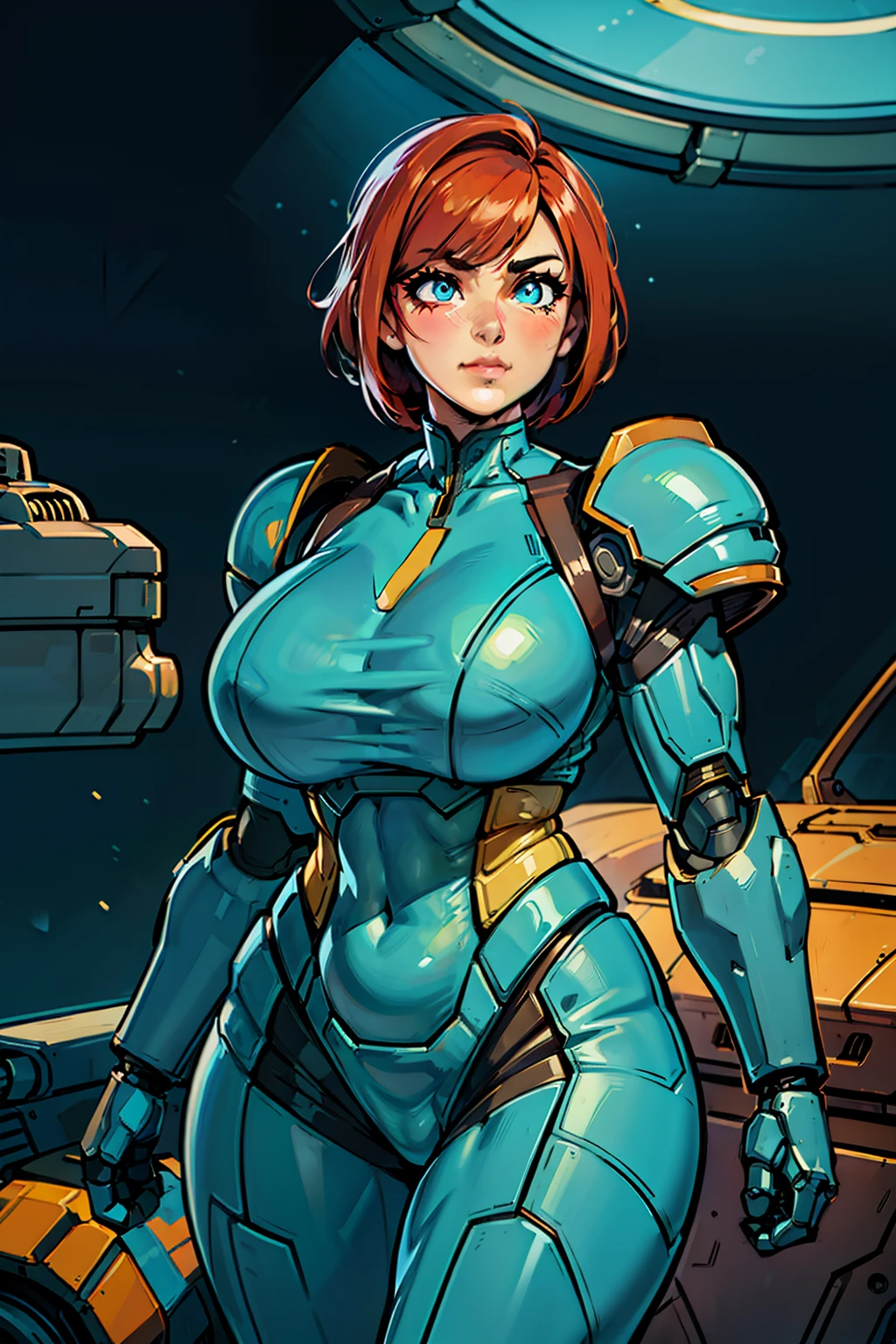 heroic woman, sexy, professional artwork, detailed eyes, beautiful eyes, beautiful face, flawless face, gorgeous face, smooth features, large breasts, blush, thick thighs, beautifully detailed background, chubby, thick, curvaceous, voluptuous, thick thighs, wide hips, belly, soft, full figure, big beautiful woman, pudgy, sci-fi, science fiction, future, neon lights, space ship interior, space ship, space, space visible through window, outer space, mechanical background, power armor, power suit, armored, armor, metroid dread, metroid, cyberpunk, cyborg, cyborg woman, cybernetics, cybernetic, robot, robotic arm, robotic leg, smiling, short hair, red hair, blue and white armor