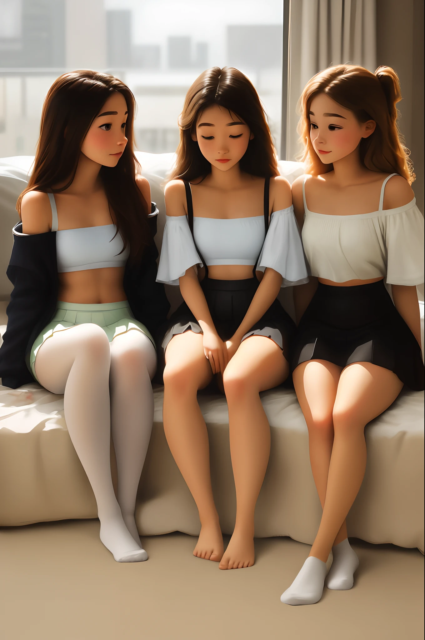 Three teenage girls playing together on the bed off-the-shoulder white suspender bandeau tights skirt without shoes