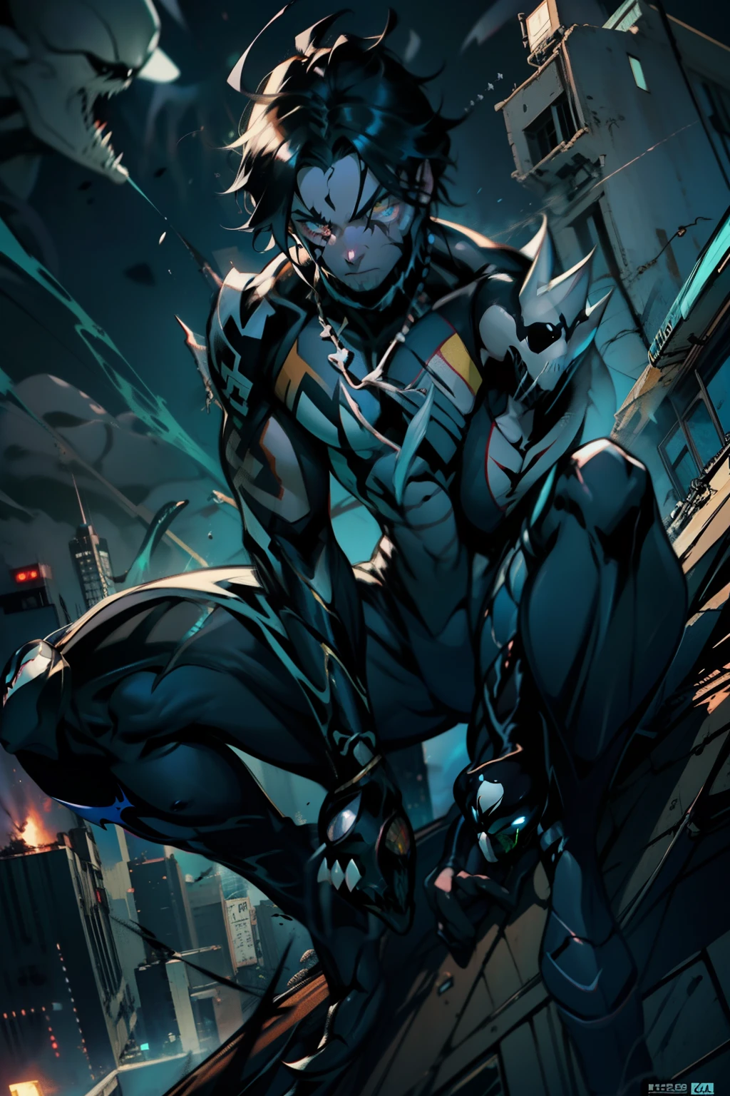 《the original god》Arataki Kazuto , male people, chest muscle, Sexy , Venom symbiote for your body, Black mucus of the body , into venom, venomize,Black bodysuit,(Cloak),Red cape,Abs,(Adult male)((Venom possession,venom symbiote)),over-Tortoise Man,Battle damage,((Masterpiece)), ((Best quality)), Ultra detailed,((illustration)), Dynamic Angle, Detailed light, (Delicate eyes), Floating, 1boy, Male focus, Head, Clothing, Yellow eyes, necklace, tattoo, (Forehead:0.8), (ahoge:0.8), jewelry, brunette color hair,apathy,Ray, chest muscle, Sexy , Venom symbiote for your body, Black mucus of the body , (into venom), Venom,frontage,Bust photo,White tight-fitting top,spiderman outfit,style of anime4 K, 4K anime wallpaper, Badass anime 8 K, 4 k comic wallpaper, young anime man, Anime boys, Anime wallpapers 4 k, Anime wallpaper 4K, High quality anime art style, Anime moe art style, Anime art wallpaper 8 K, Anime art wallpaper 4 K, RGB lighting,