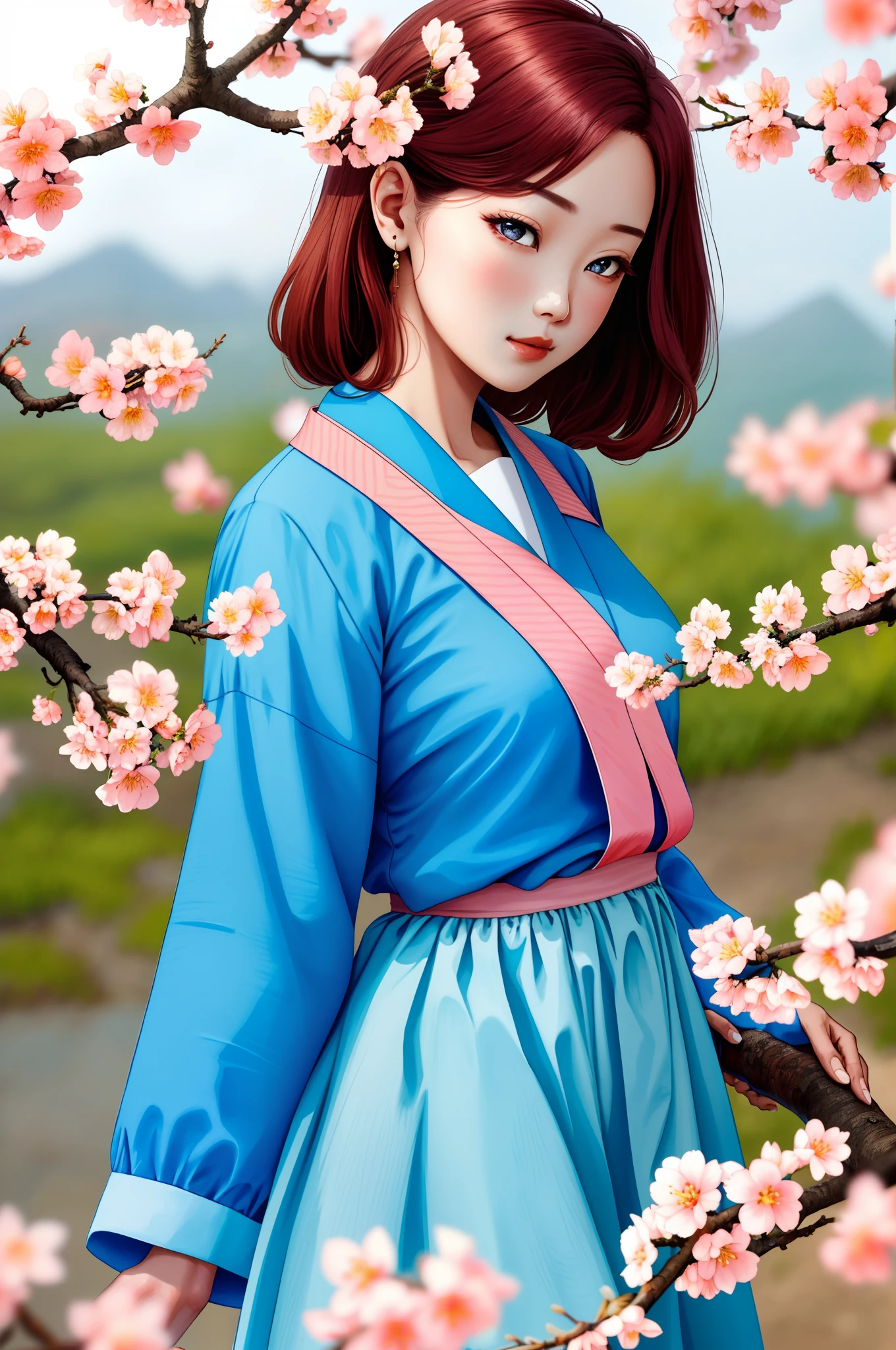 woman,Raised sexy,Peach blossom eyes,Blue clothes fluttering,