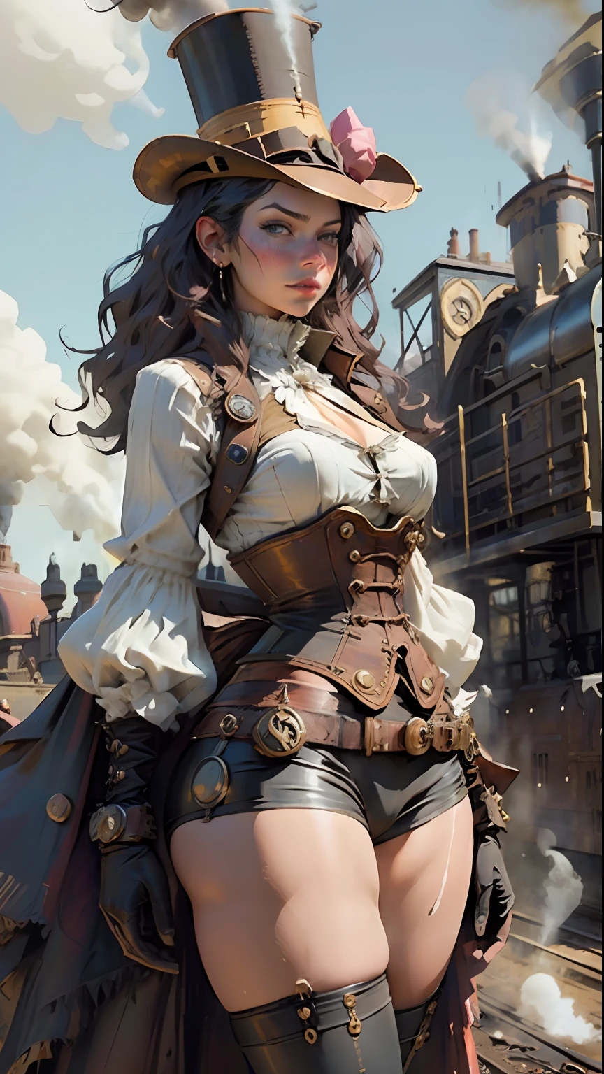 steampunk woman body defined thick thighs, steampunk top hats short underwear, victorian age railway station in background, ((steam locomotive in background:1.3)), dramatic light, victorian age, steampunk style