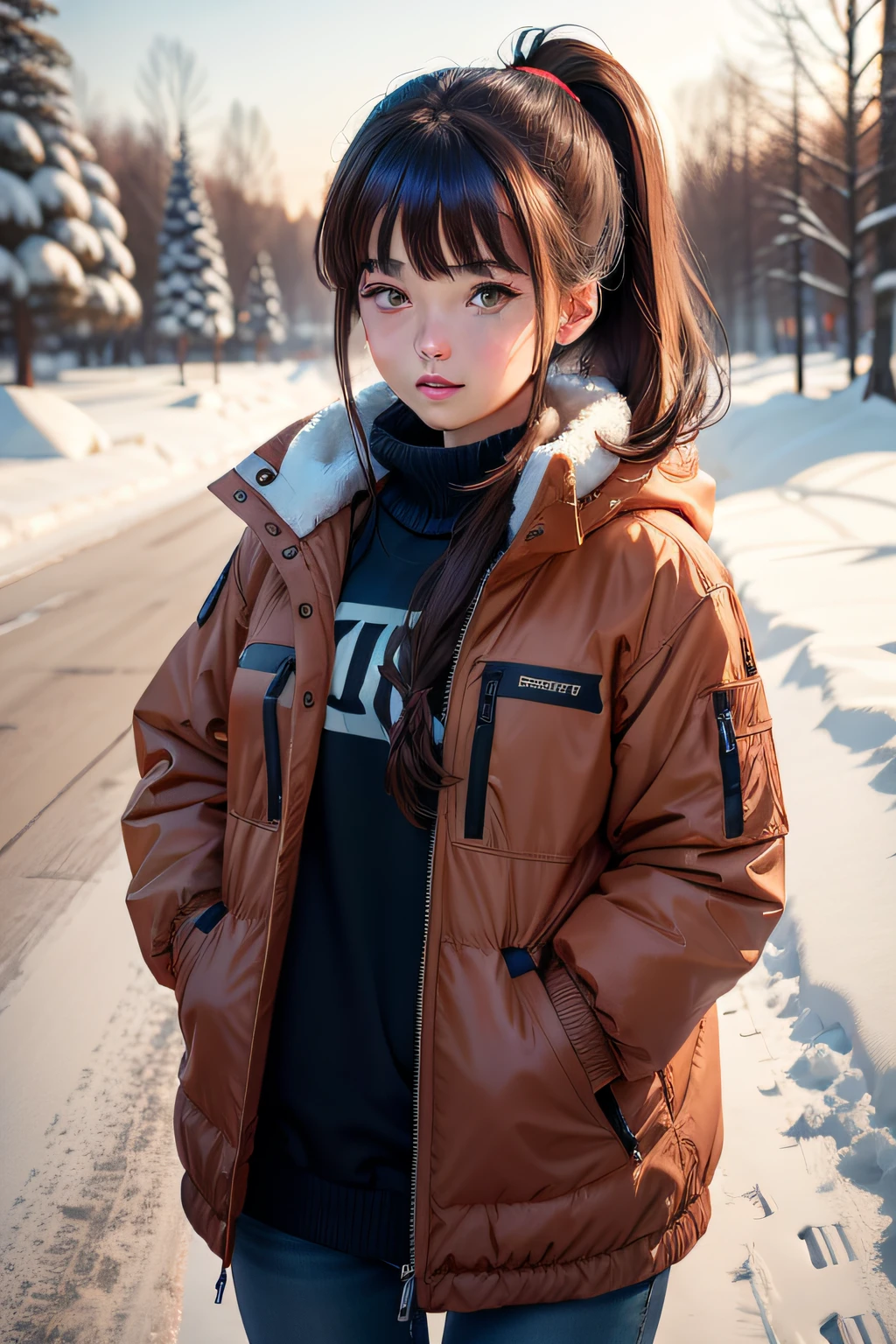 brunette color hair，pony tails，Winters，down jacket，high school senior，a beauty girl，snow covered，By bangs，Beauty in the world，The skin can be broken by blowing，