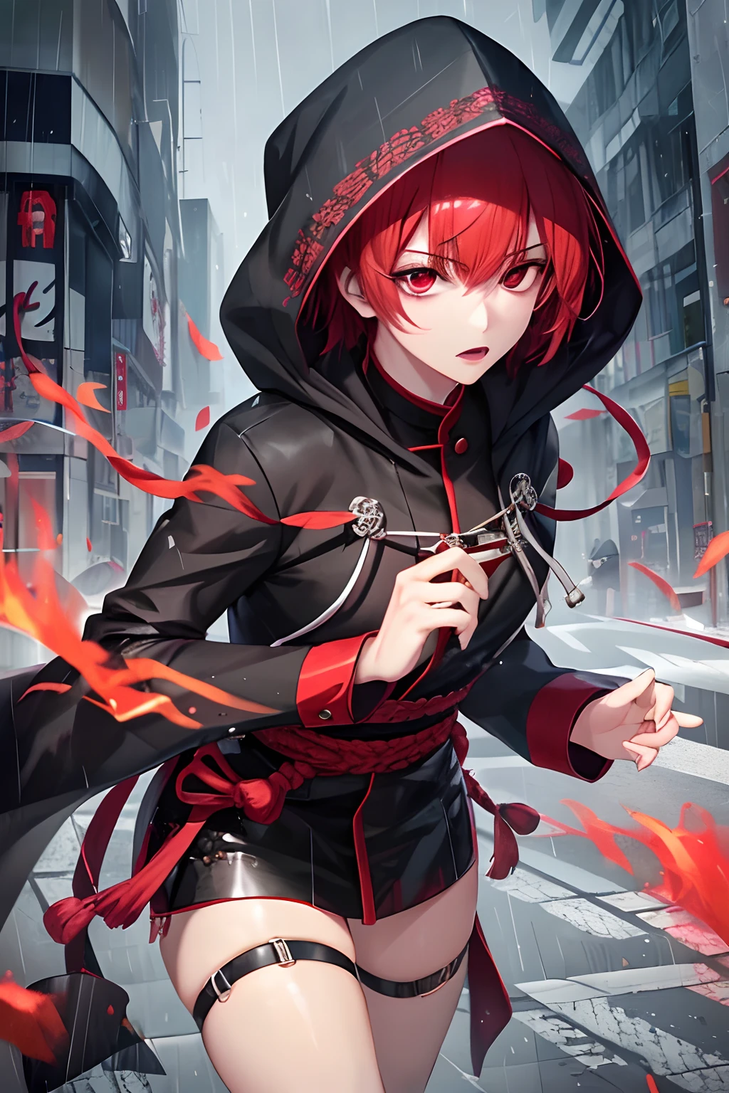 kk, best quality, more details, mastery, 1boy, kaneki ken, portrait, male focus, red eyes, solo, bangs, looking at viewer, hood, short hair, rain, tokyo tokyo \(city\), hijabi sluty,Nail polishing,whaite hair,Luxury,8k,the detail,Ray traching,depth of fields,电影灯光,