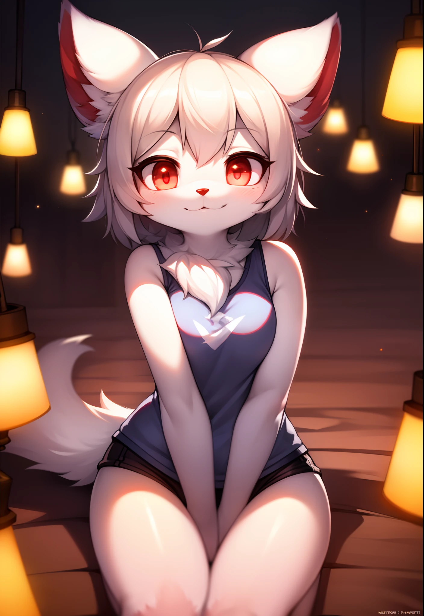 furry, white fur, ultra cute face, red elements on fur, glowing t-shrt, beautiful lights and shadows, ambient light, ultra detailed fur, volumetric light