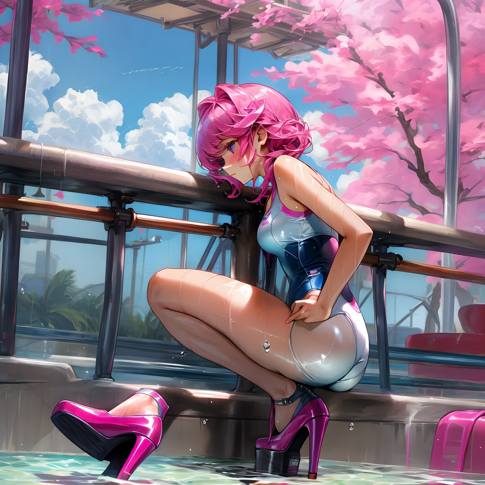 Swimsuit babes black leather high heels wet pink white