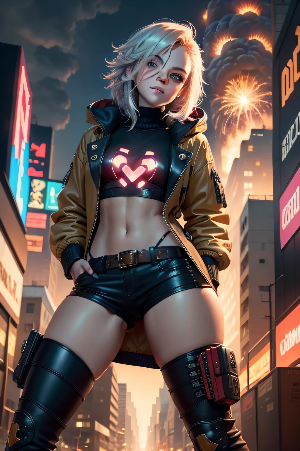 masterpiece, best quality, boots, head tilt, looking up, heart-shaped eyes, smirk, heart-shaped pupils, alternate hair length, male, comic, in the cyberpunk city, explosion, sweater jacket,