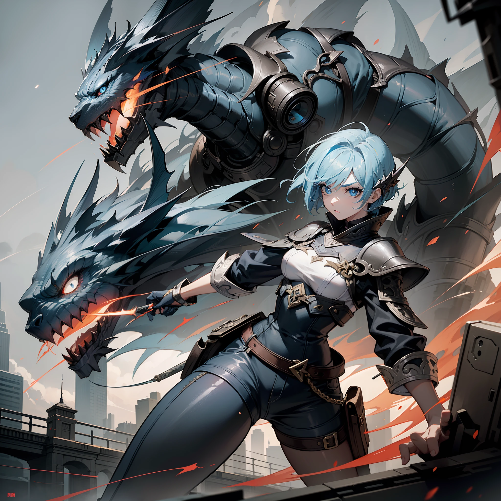 Woman with short light blue hair、Sharp Eyebrows、big eye、Dark eyelashes、Blue-based makeup、Fight Fire Dragons、Spoblar、Short pants、Sword、dark sky、Cities of the near future、explosions、ciber、（highestdetailed）、（Highest image quality 8K）、Intense depiction