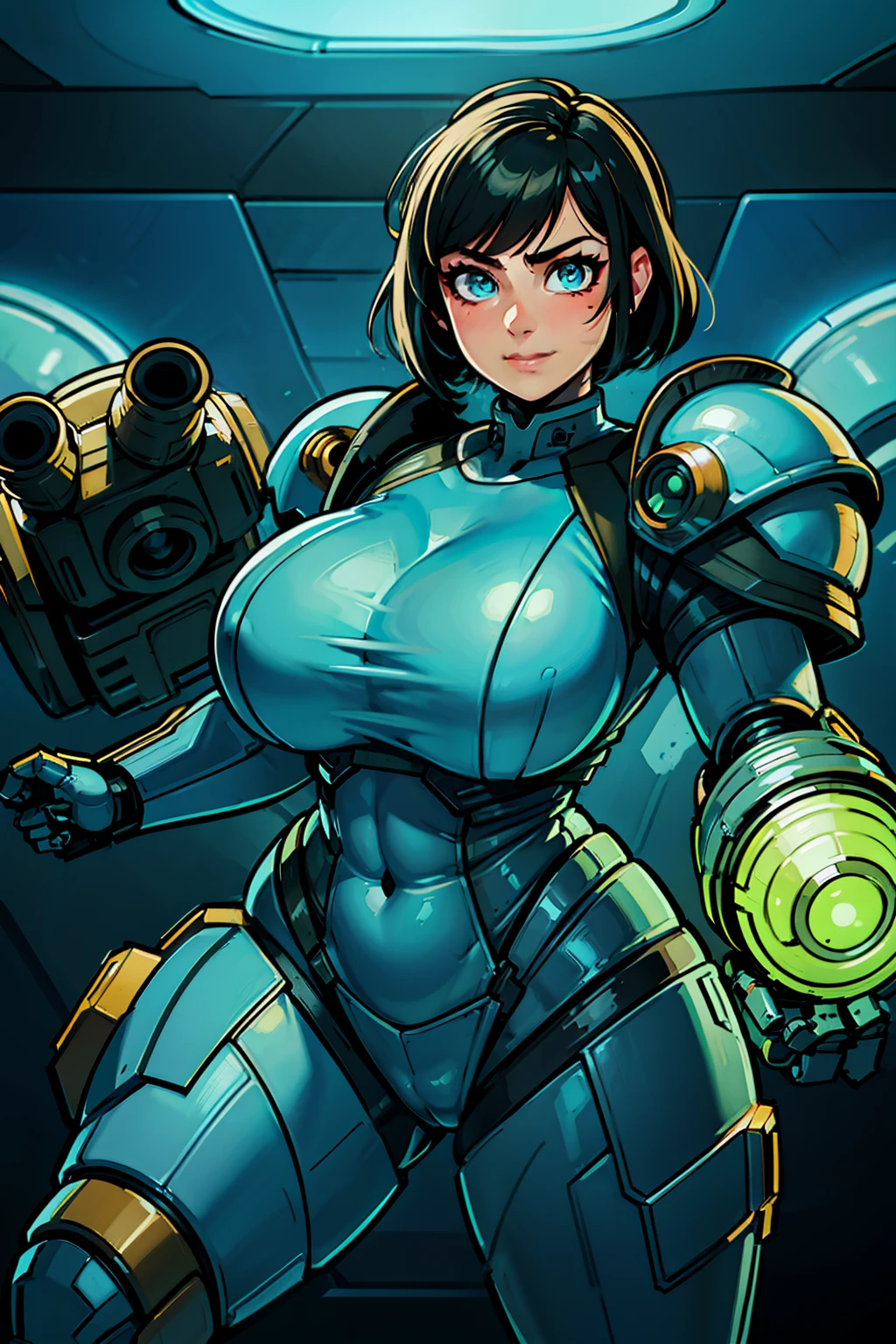 heroic woman wielding large pistol, handgun, pistol, gun, plasma pistol, sexy, professional artwork, detailed eyes, beautiful eyes, beautiful face, flawless face, gorgeous face, smooth features, large breasts, blush, thick thighs, beautifully detailed background, chubby, thick, curvaceous, voluptuous, thick thighs, wide hips, belly, soft, full figure, big beautiful woman, pudgy, sci-fi, science fiction, future, neon lights, space ship interior, space ship, space, space visible through window, outer space, mechanical background, power armor, power suit, armored, armor, metroid dread, metroid, cyberpunk, cyborg, cyborg woman, cybernetics, cybernetic, robot, robotic arm, robotic leg, smiling, short hair, black hair, blue and yellow armor