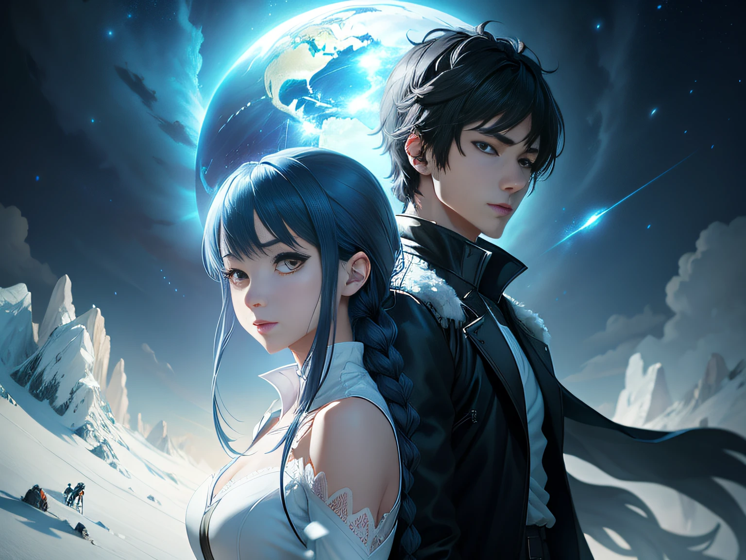 Ice and snow background for two anime characters，（Young man with short black hair in white jacket and young woman with long blue hair wearing white lace，Delicate skin and delicate face，Wearing white lace：1.7）An anime cover, modern sci-fi anime, sci fi anime, sci fi anime, 2 0 21 anime, style of anime4 K, nightcore, Avatar image, Doomsday Frozen Novel Cover Art, Official anime artwork, sakimichan and frank franzzeta, infinite celestial library, High quality anime art style，Doomsday freezes，Cinematic lighting, Atmospheric perspective, Best quality
