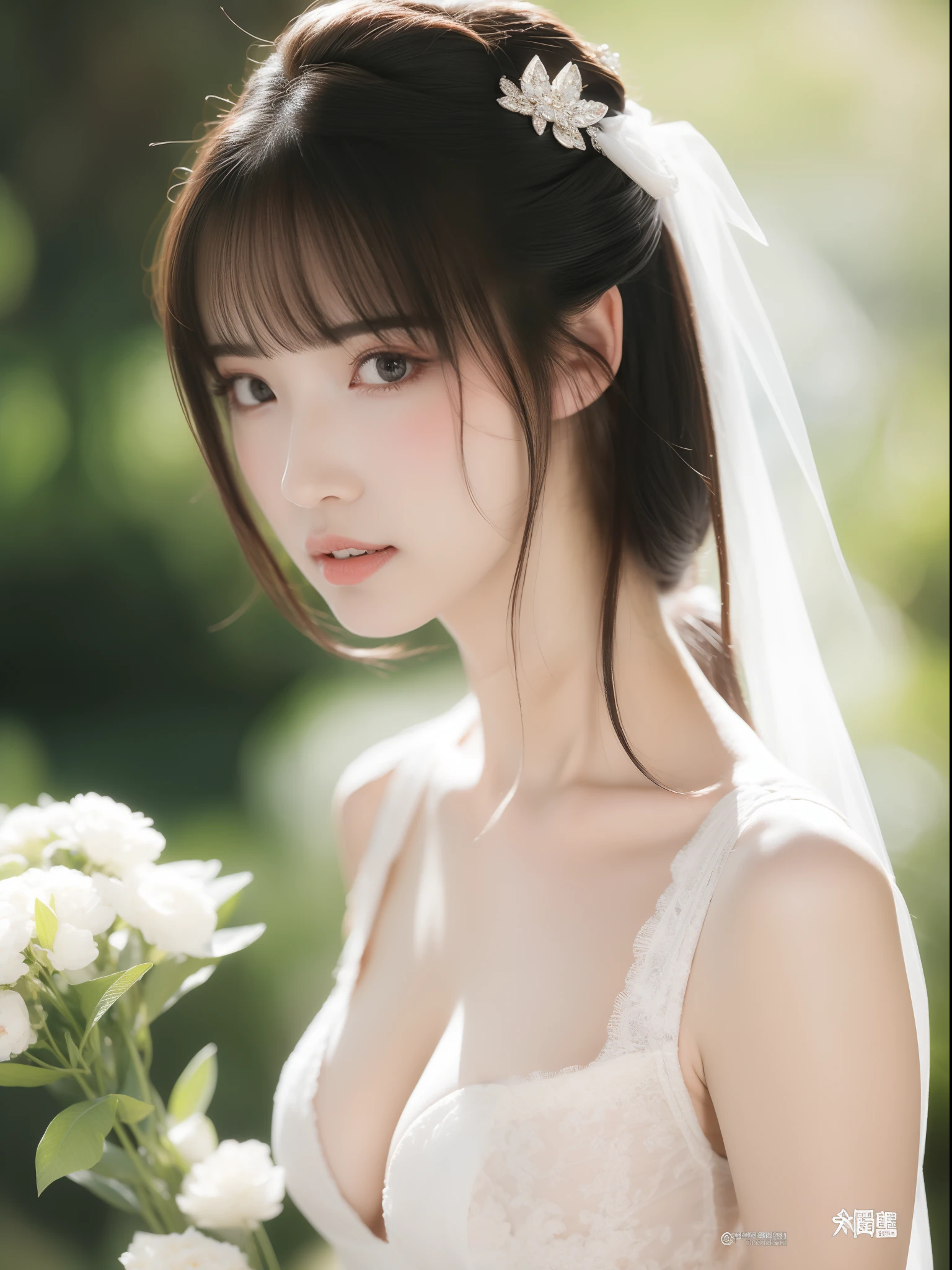 perfect figure beautiful woman:1.4,Layered Hair Style,Protruding :1.2,wedding gown:1.5,Highly Detailed Face and Skin Textur,Narrow eyes,二重まぶた,Whitens the skin,short detailed hair,full bodyesbian