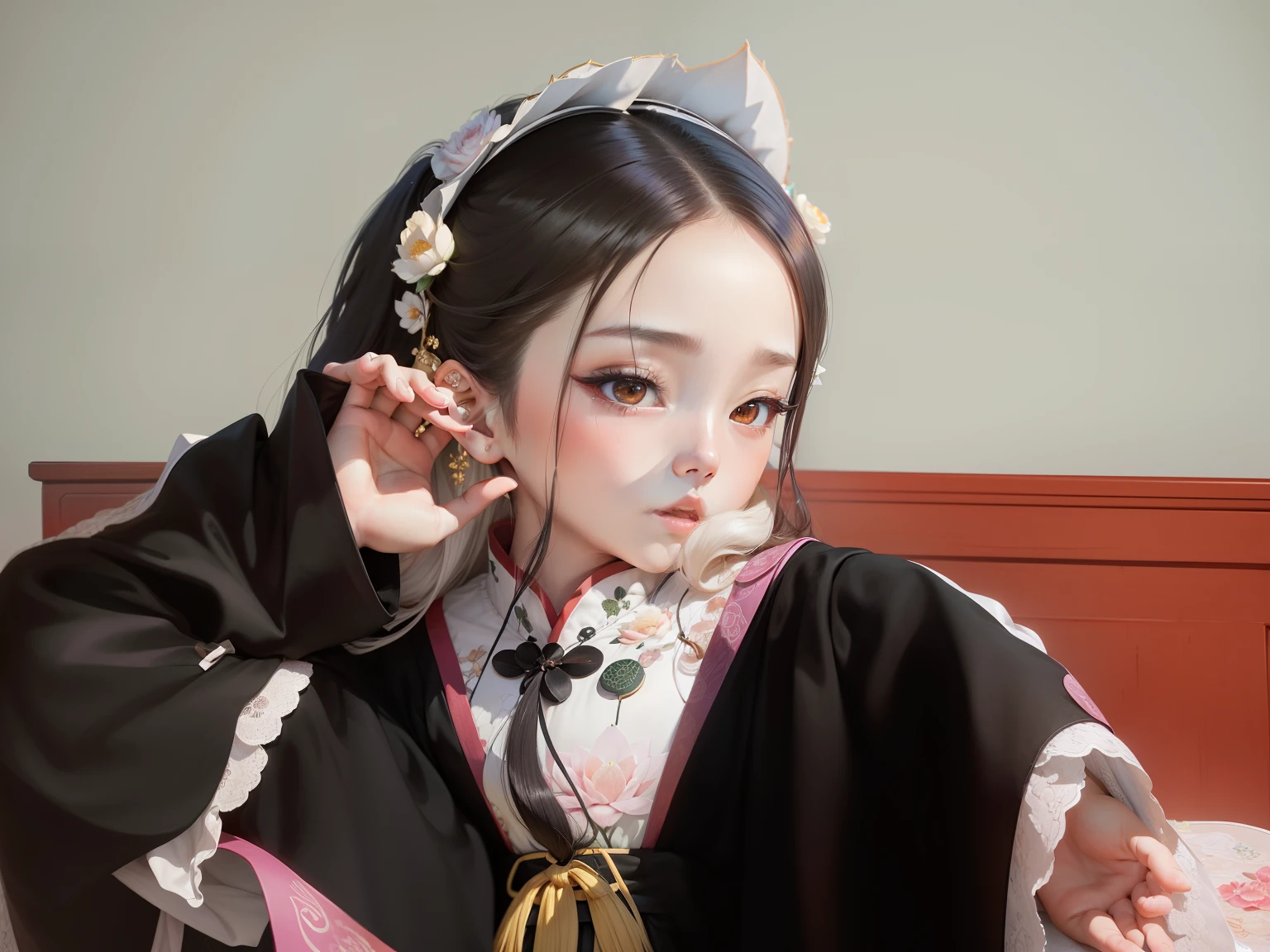 ((4k,masterpiece,best quality)), shuimobysim, Traditional chinese painting, lotuses, Hanfu, maxiskit, dress conservatively 1 girl, 独奏, whaite hair, long whitr hair, fox ear, looking at viewert, Titillating