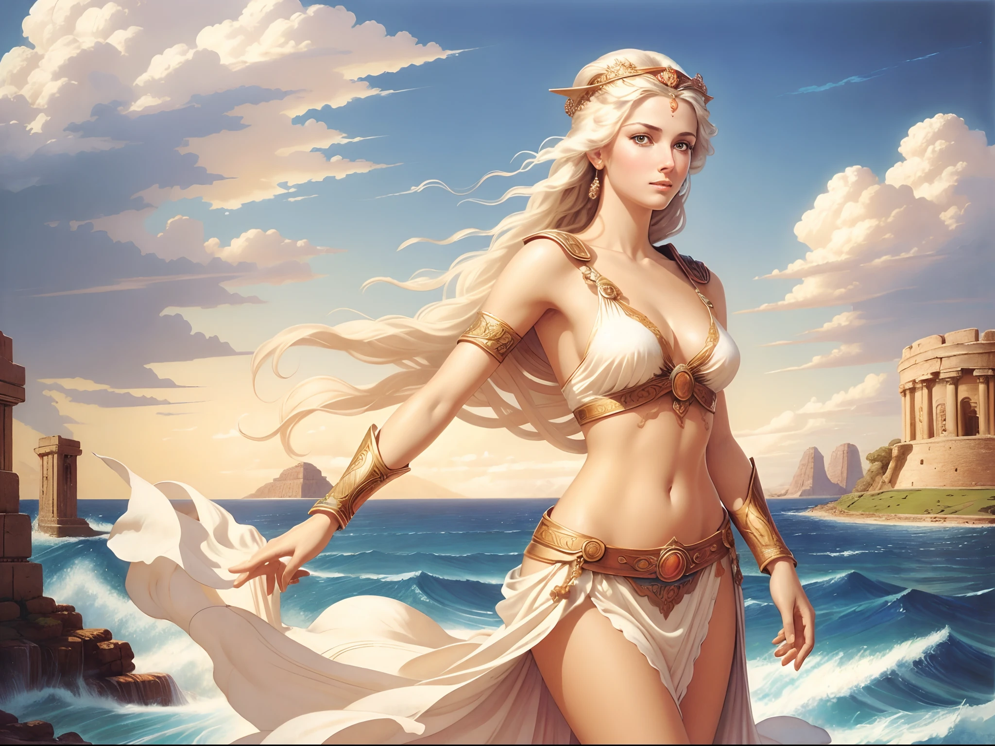 ((beste-Qualit)), ((tmasterpiece)), ((Realistic)), Ultra-detailed,[without the people of the coast of Troy:16]:medium plan, 1Helen of Troy, in a white tunic, Perfect colorful gradient, Illustration by Boris Vallejo, —q 4 —s 750