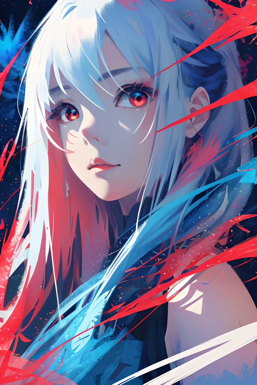 realisticlying、Masterpiece quality、best qualtiy、offcial art、Beauty and aesthetics:1.2、Very detailed fractal art、Colorful abstract background、Kizi、Kamimei、The color hair、long whitr hair、luminous red eyes、Mysterious magic、Girl of Ice and Fire,Red and blue color scheme,cinematric light