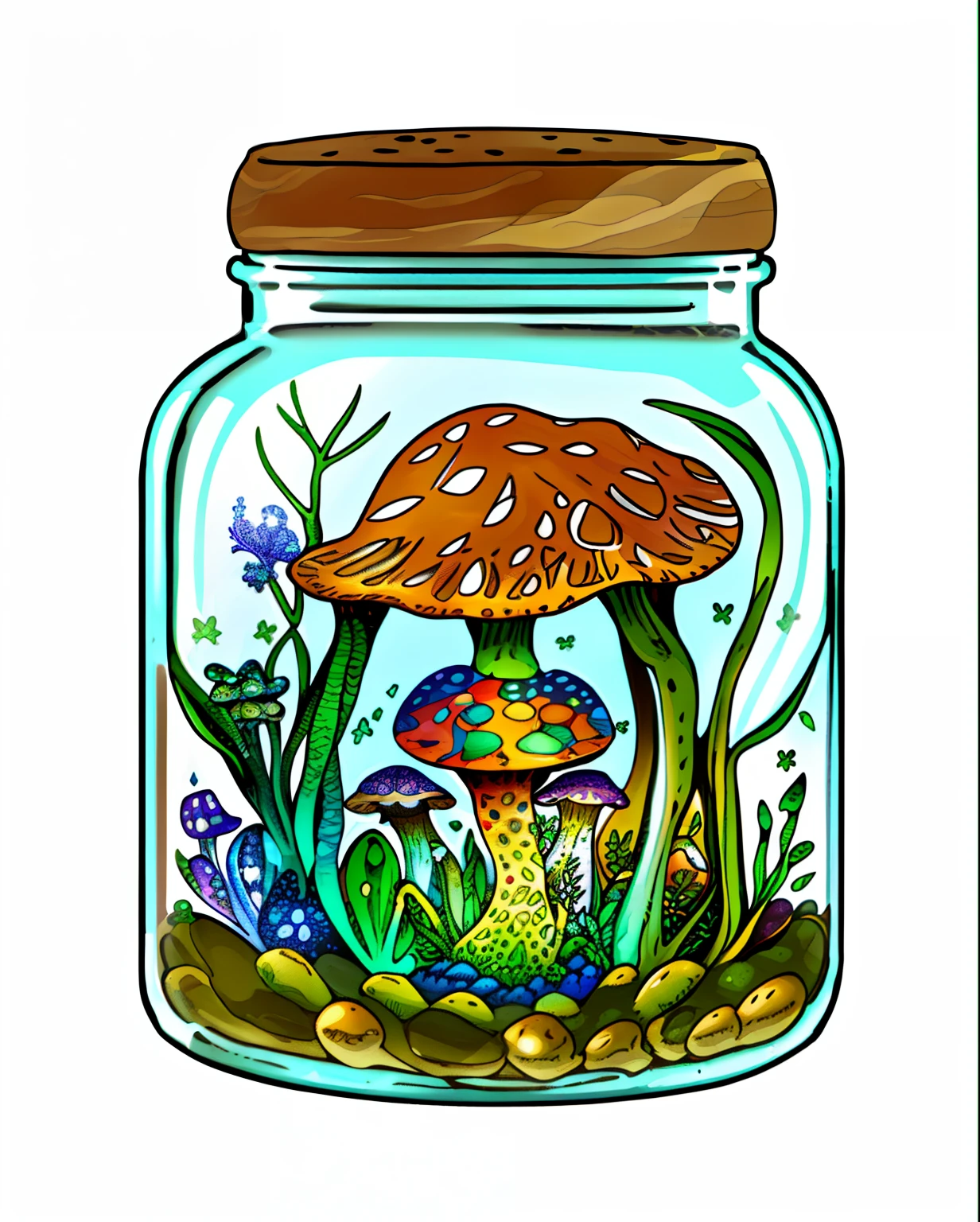 Close-up of a frog with mushrooms in the jar, graphic of enchanted terrarium, dreamscape in a jar, head in a jar, psychedelic frog, illustration, magic mushrooms, mycologist, hyperdetailed scp artifact jar, author：Gabriel Jurkić, detailed digital illustration, moonshine cybin, illustration », vignette illustration, magic mushrooms