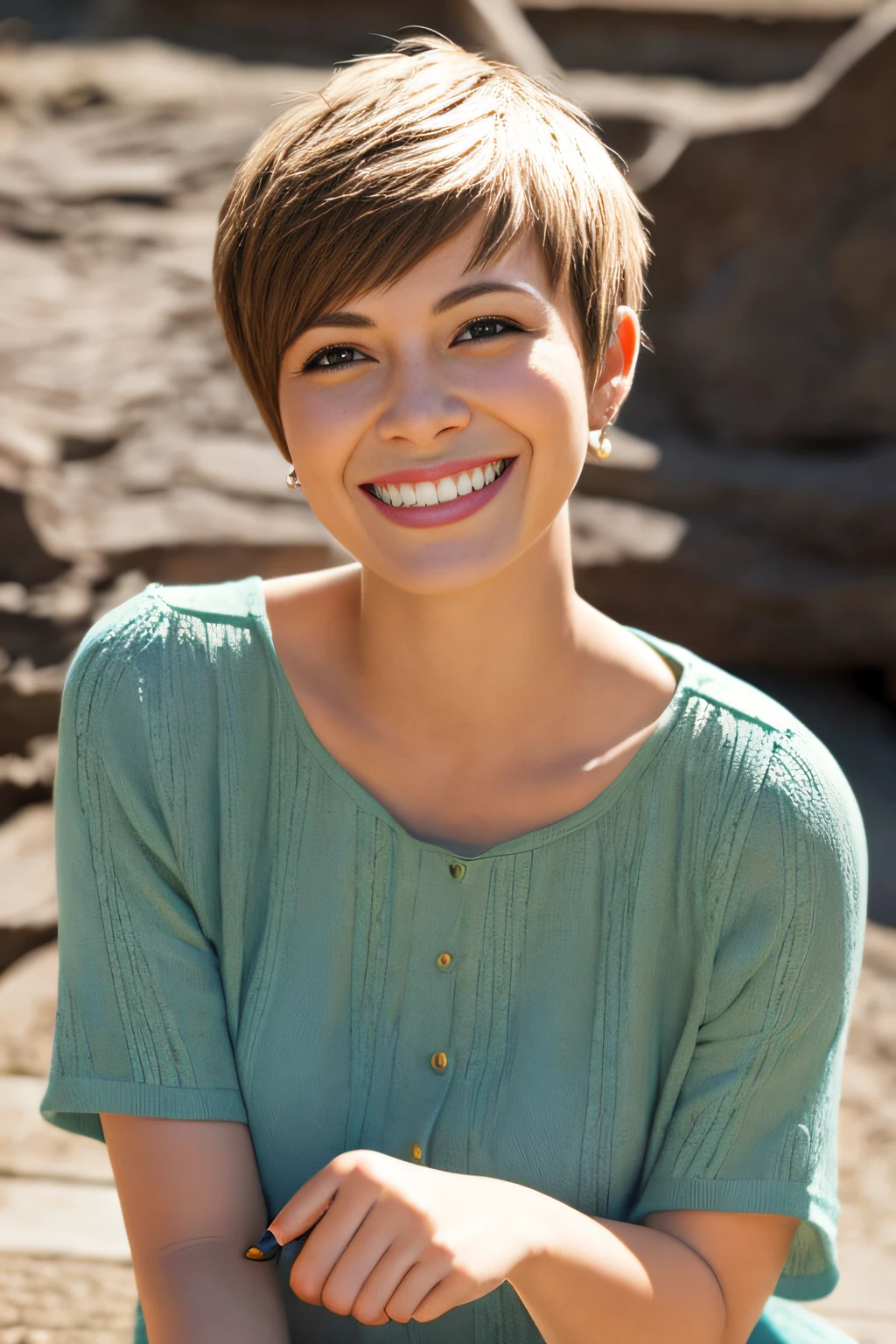 a pixie cut A big smile