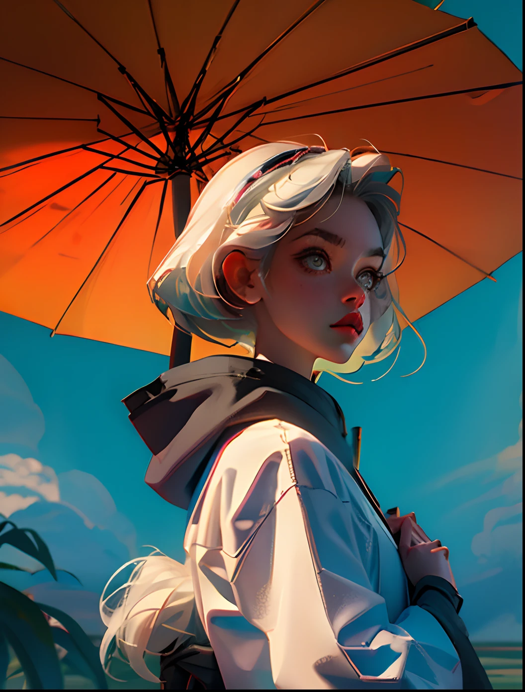 White-haired female ninja with umbrella