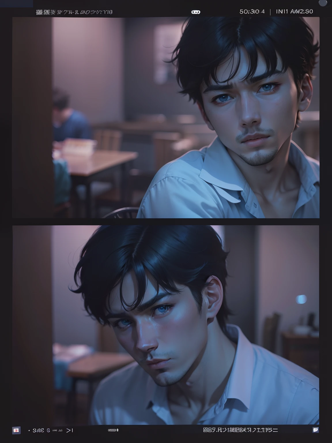 There are two photos of men in blue shirts, 3 5 mm color, 35mm color, color 3 5 mm, still from live action movie, Anime style mixed with Fujifilm, 35mm —W 1920 —H 1080, lofi portrait, lofi, killing, photorealistic 35mm