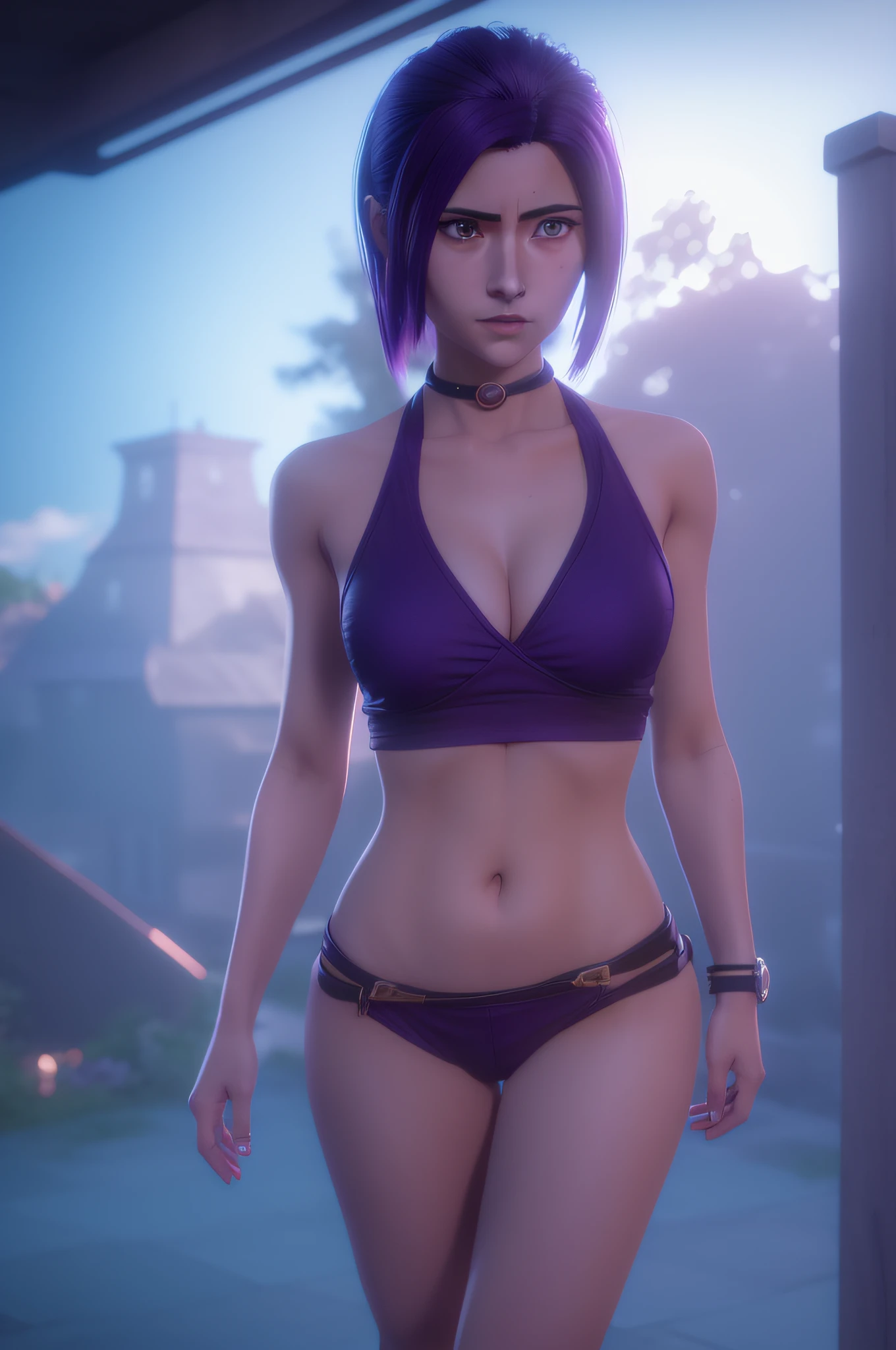 anime,midjourney,female,cg,3d,girls,cute girl, perfect face, pretty face, purple eyes, purple hair, very short hair, flat chest, lush detail,alita,full body