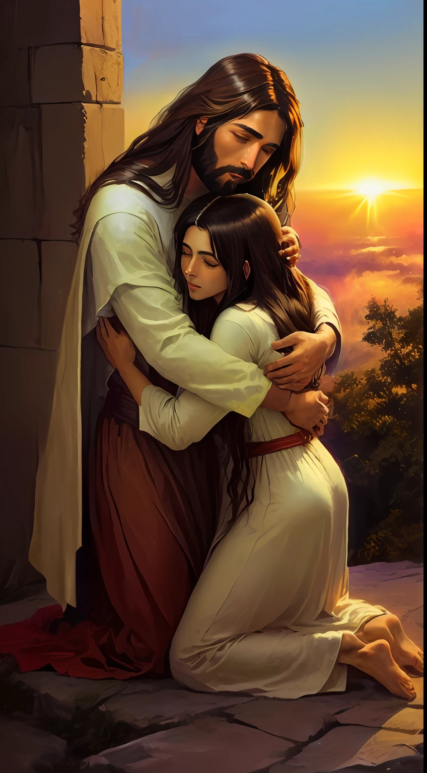 (( Jesus embracing a person who is on his knees )), na montanha, Jesus Embracing, beautiful image ever created, beautiful depiction, reconfortante e familiar, emocional, Imagem absolutamente excepcional, Jesus, Jesus Cristo, O Senhor e Salvador, Christian art, A cena mais bonita