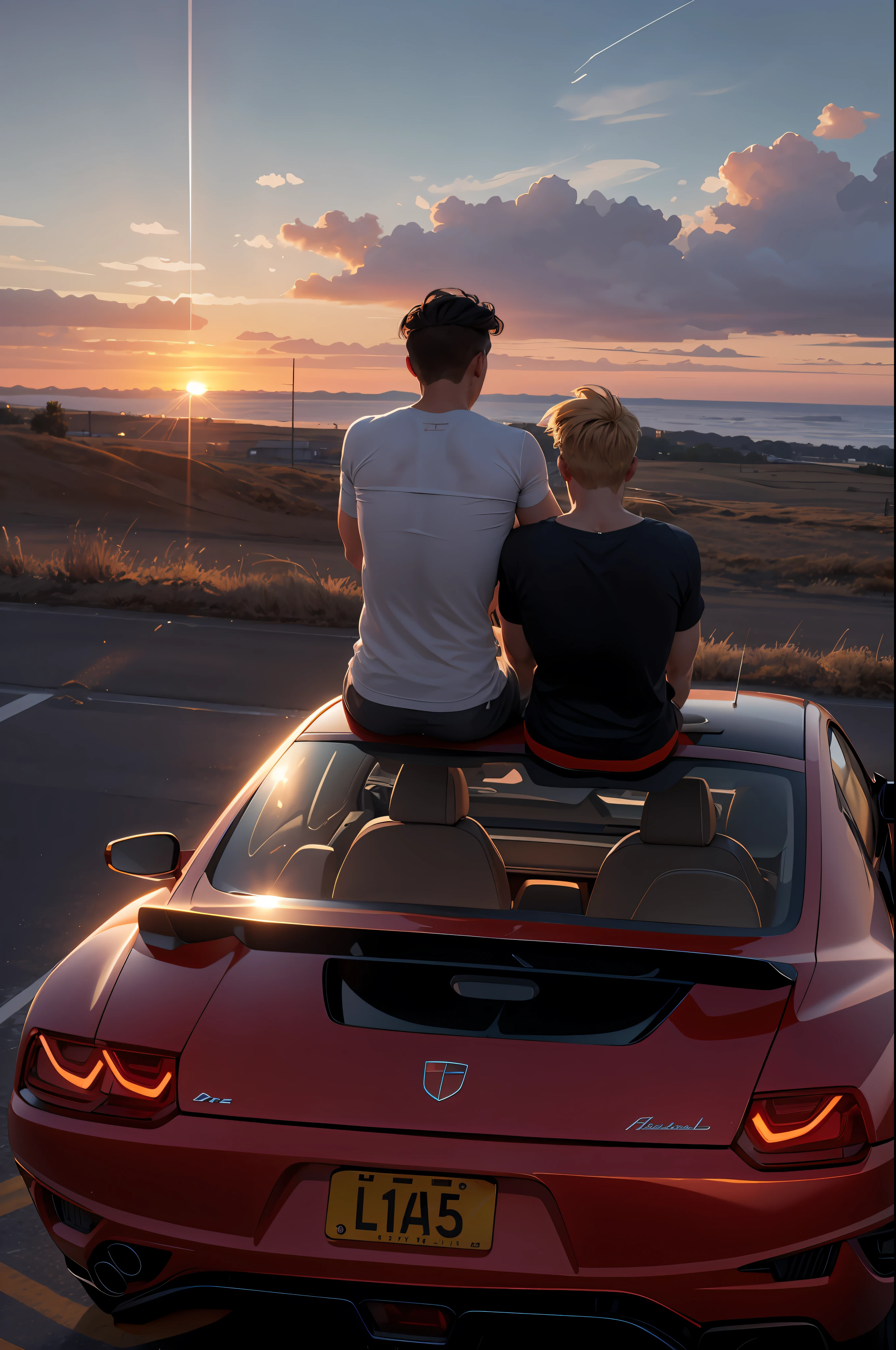 there are two men sitting on top of a car watching the sun set, looking at sunset, looking off into the sunset, looking out at a sunset, in the sunset, watching the sunset, sunset view, gazing off into the horizon, during a sunset, during golden hour, sunset mood, two young men, looking onto the horizon, scenic full shot, road trip, photorealistic, best quality, 4k