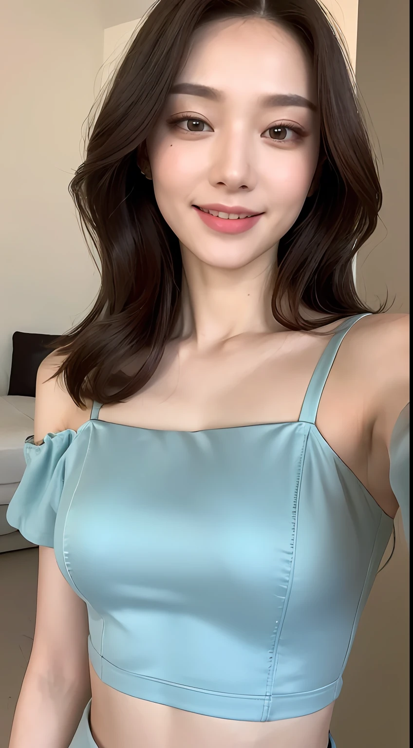 ((Best Quality, 8K, Masterpiece: 1.3)), 1girl, Slim Abs Beauty: 1.3, (Hairstyle Casual, Leaky Big Breasts: 1.2), Dress: 1.1, Super Fine Face, Delicate Eyes, Double Eyelids, Smile, Home
