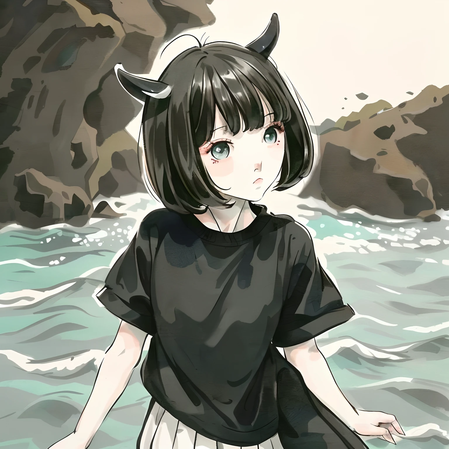 Girl with short, thick horns，Standing on the edge of a sea cliff，Black hair and eyes，adorable round face，A plain half-sleeved T-shirt