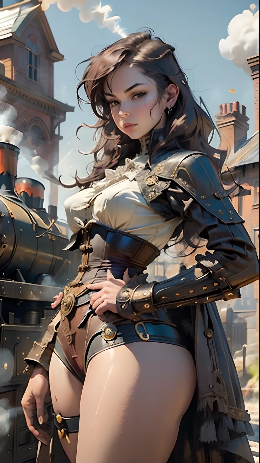 steampunk woman body defined thick thighs, slim and fit, extremely intricate steampunk top ha,t short underwear, victorian age railway station in background, ((steam locomotive in background:1.3)), dramatic light, victorian age, steampunk style
