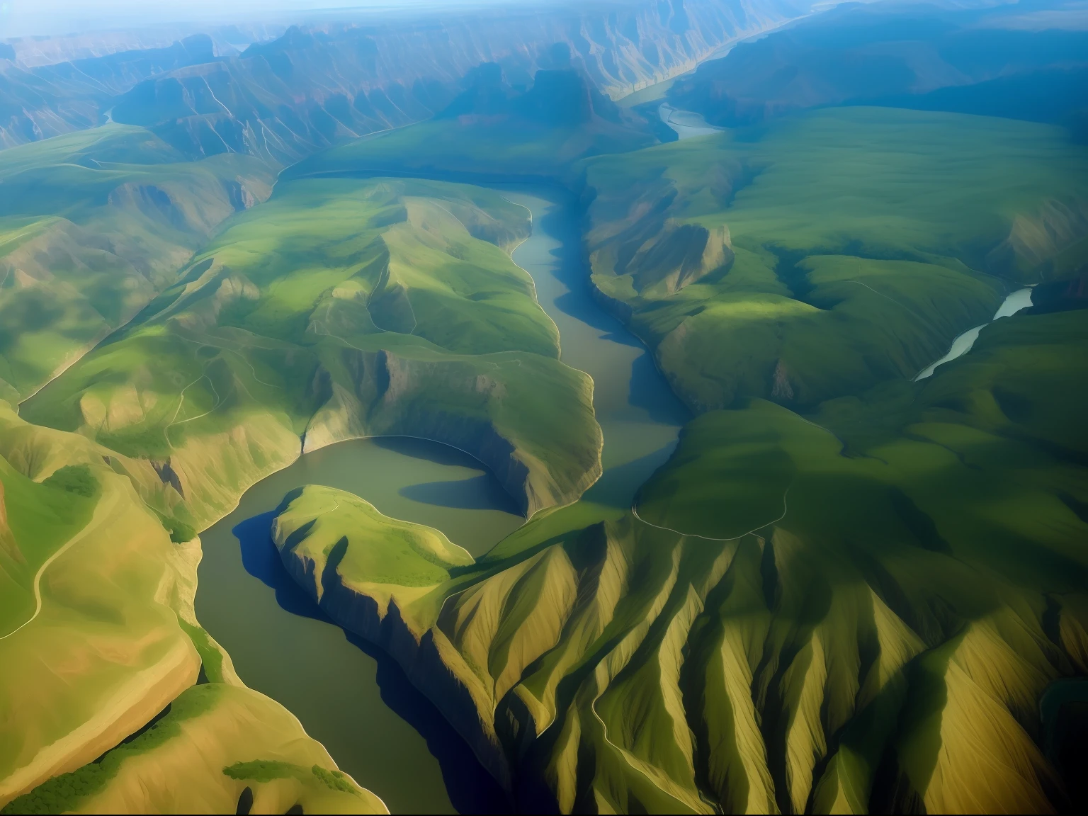 Aerial view of the river winding through a mountainous valley, Old Cow Bay,Junger Grand Canyon、Winding rivers, great rivers, Mountains and rivers, giant river, great rivers, baotou china, wide angle river, Very beautiful!! aerial shot, Snake River in the jungle, Beautiful nature, Rivers and lakes, very very beautiful, wide river and lake, with a river running through it, Unbelievably beautiful