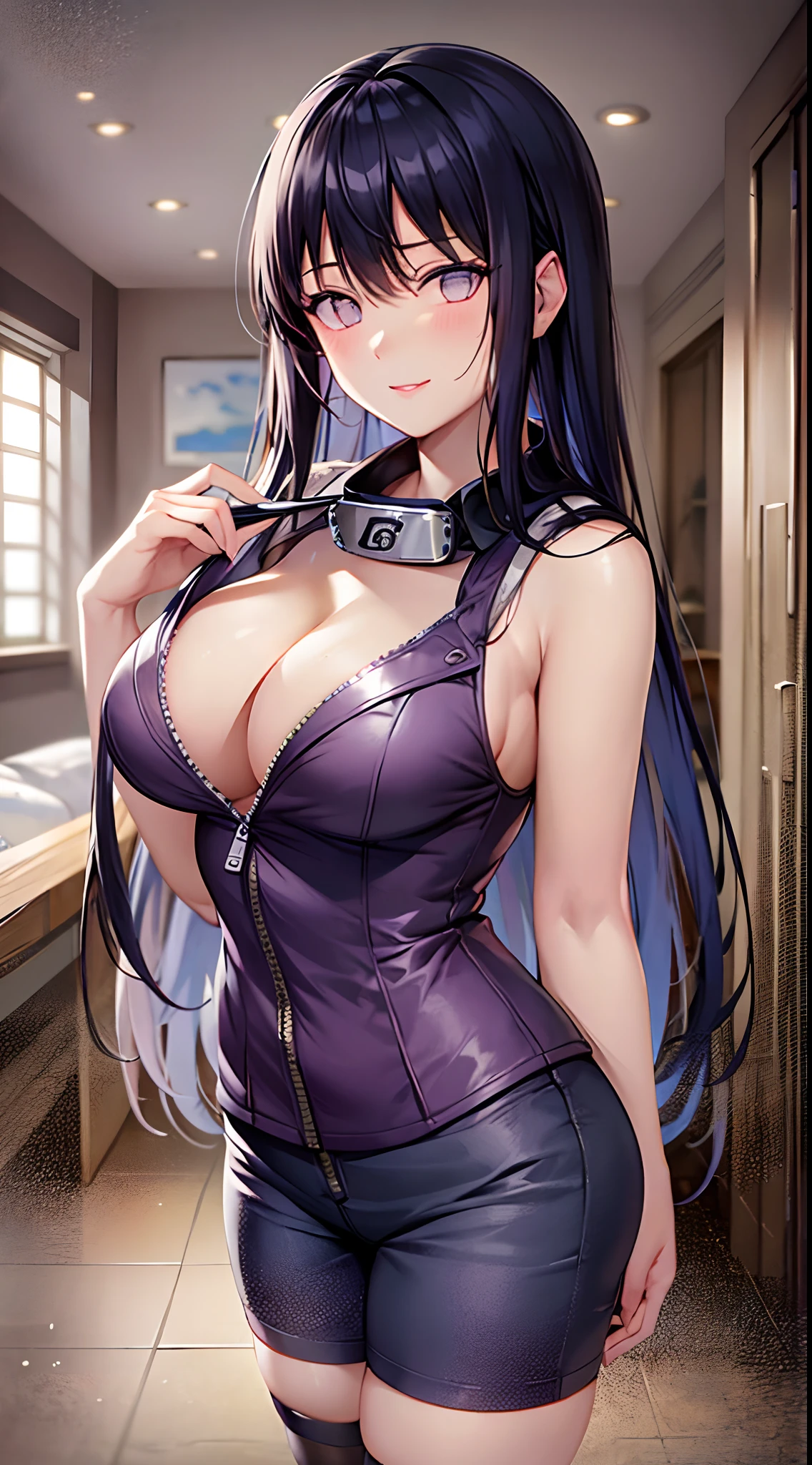 tmasterpiece, High- sharpness, high high quality, 详细的脸, detailed body render, 1girll, 独奏, hyuga hyuga, Hinata sleeveless clothing,big cleavage breasts,Close-up, sleeveless shirts, Fishing net clothing, Dark lips, Unzipped jacket, Close-up shot,standing on your feet, Be red in the face, (on bedroom)