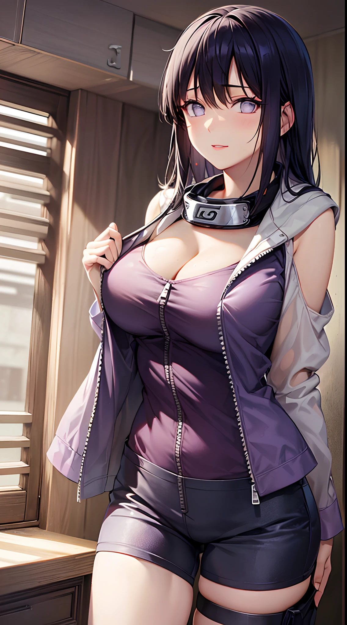tmasterpiece, High- sharpness, high high quality, 详细的脸, detailed body render, 1girll, 独奏, hyuga hyuga, Hinata sleeveless clothing,big cleavage breasts,Close-up, sleeveless shirts, Fishing net clothing, Dark lips, Unzipped jacket, Close-up shot,standing on your feet, Be red in the face, (on bedroom)