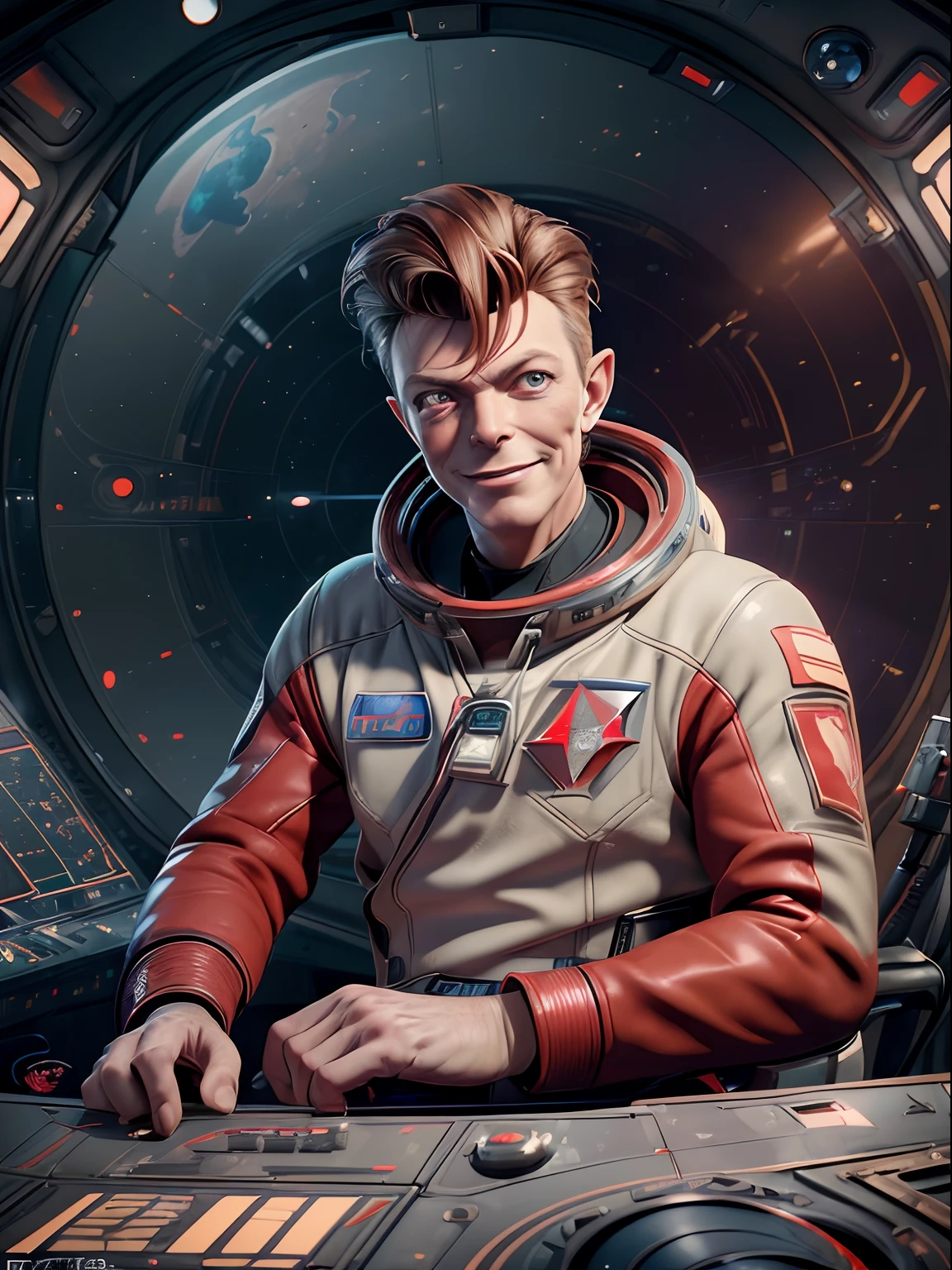 (masterpiece, best quality, illustration, unreal engine 5, official art:1.3), Rich Red color scheme, Don Lawrence hyper realistic picture of (David Bowie) as smiling Major Tom, a technocratic, omnivorous, iridescent, astronaut commander, (sitting in a starbase control room:1.2),detailed face, detailed hair, insanely intricate detail, absurdres, 8k